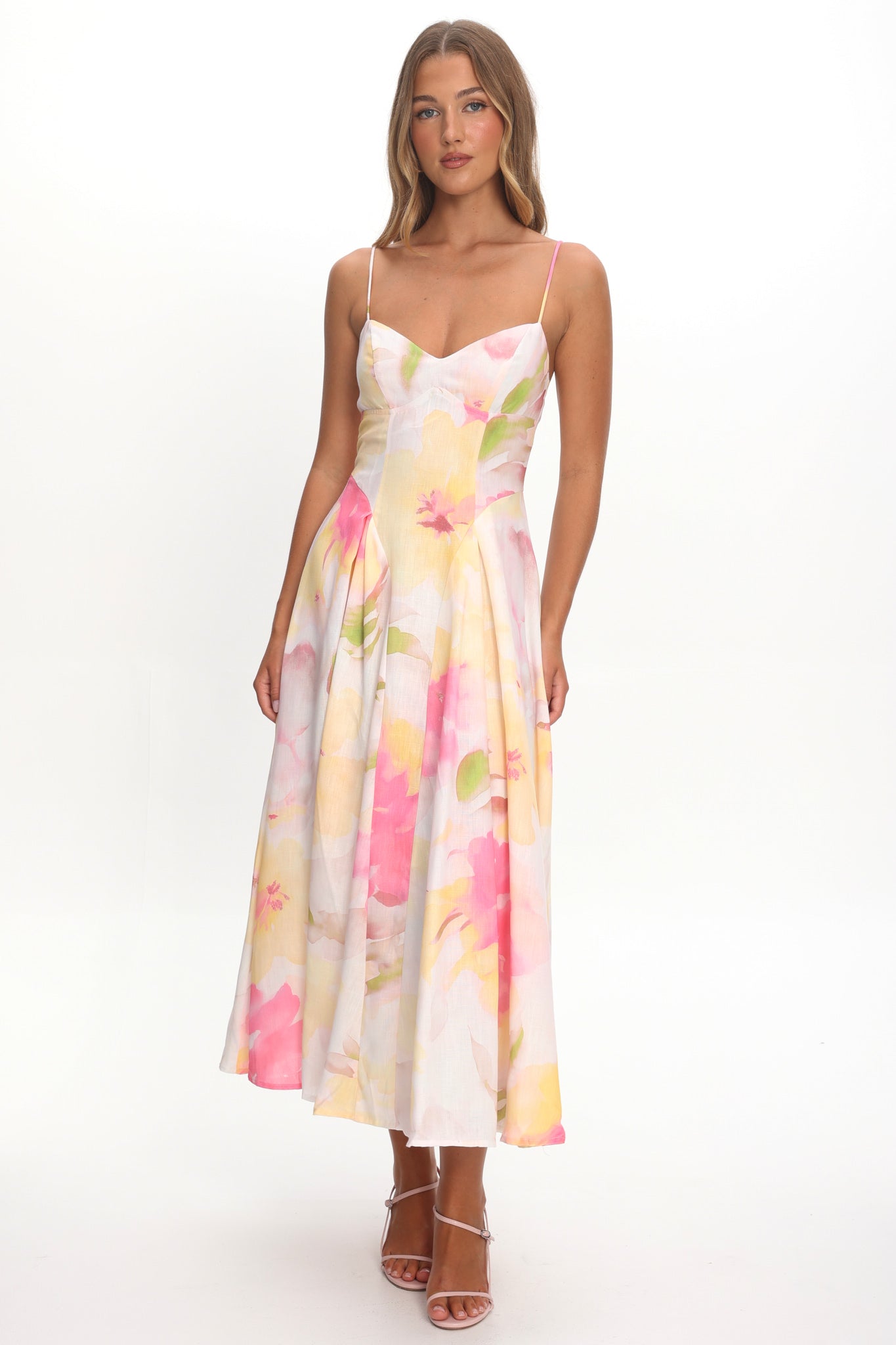 Get My Attention Pleat Waist Maxi Dress Floral Yellow-Maymioy