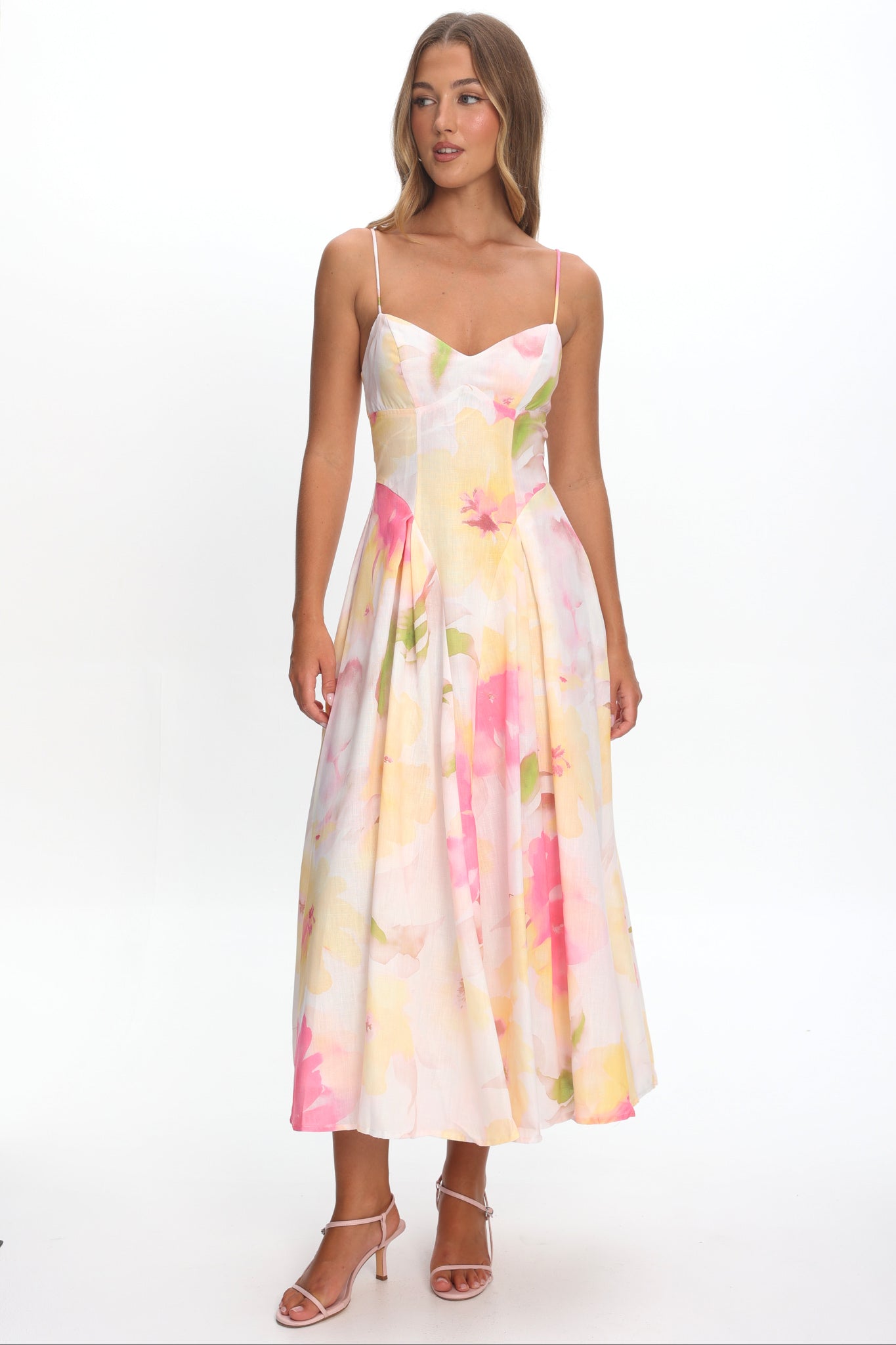 Get My Attention Pleat Waist Maxi Dress Floral Yellow-Maymioy