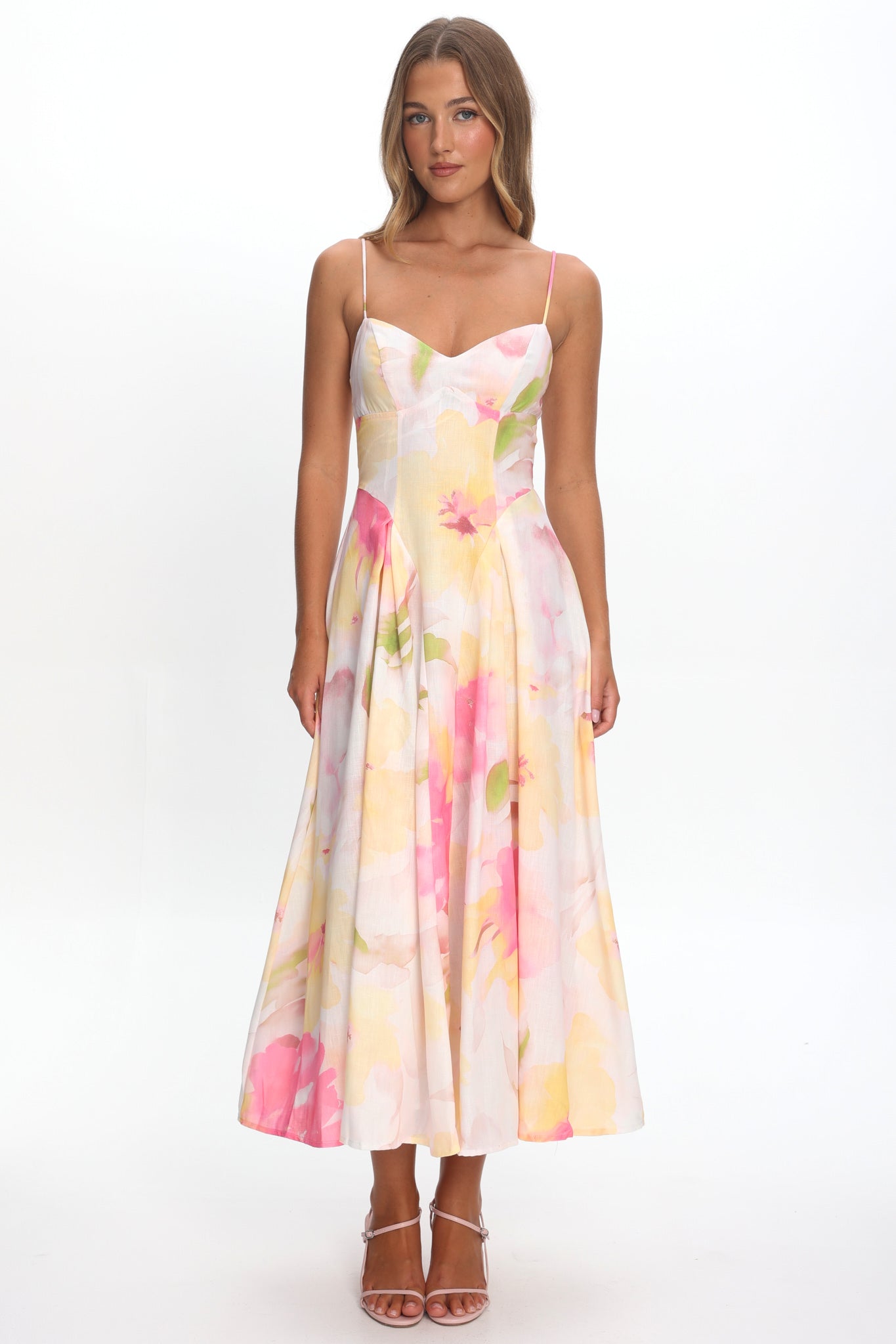Get My Attention Pleat Waist Maxi Dress Floral Yellow-Maymioy