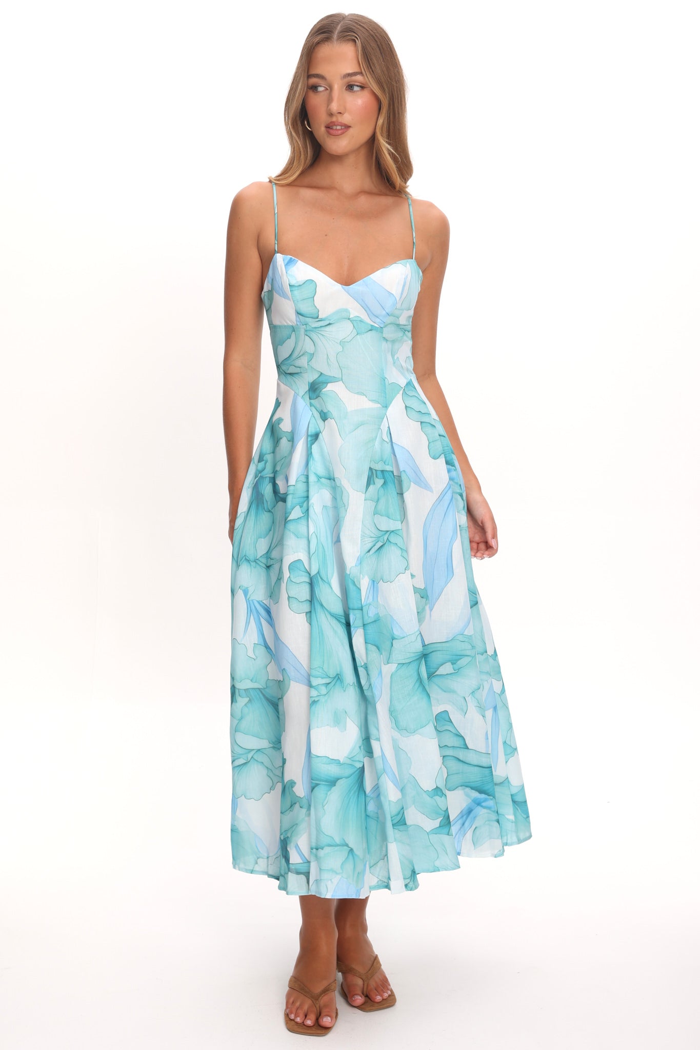 Get My Attention Pleat Waist Maxi Dress Watercolor Green-Maymioy