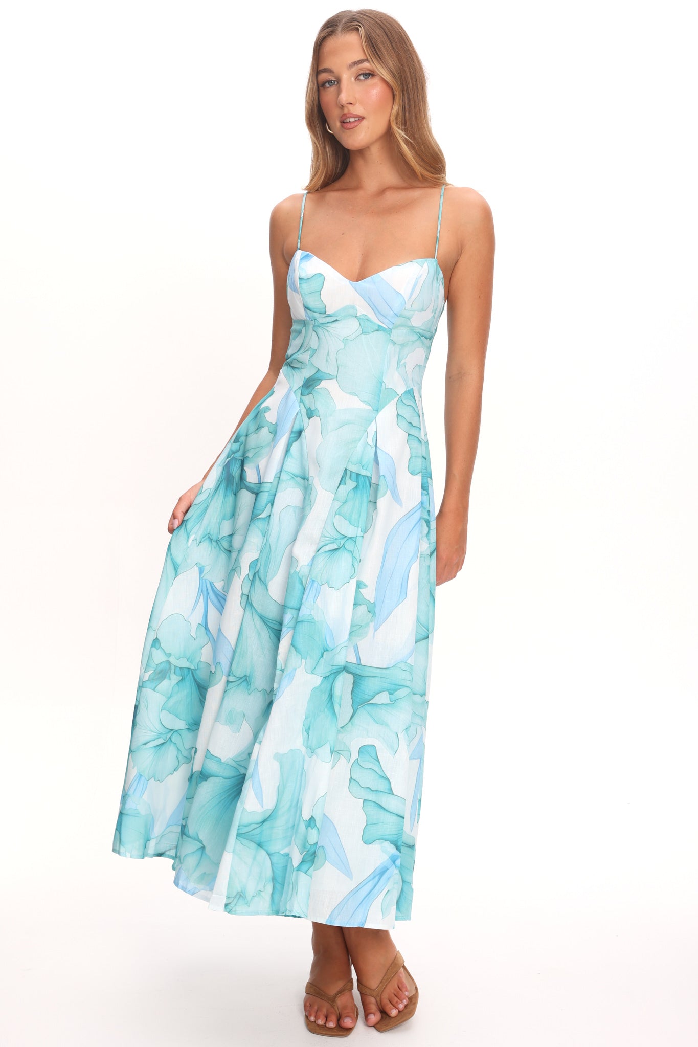 Get My Attention Pleat Waist Maxi Dress Watercolor Green-Maymioy