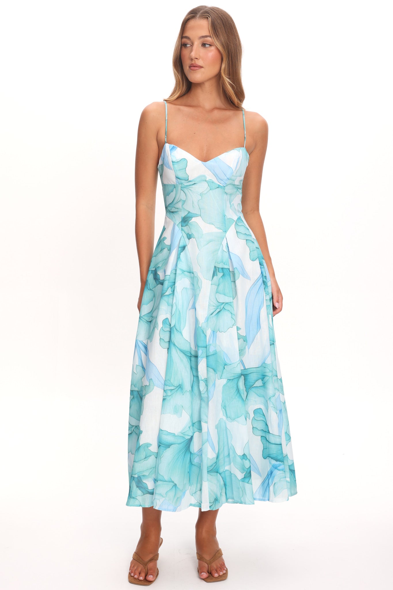 Get My Attention Pleat Waist Maxi Dress Watercolor Green-Maymioy