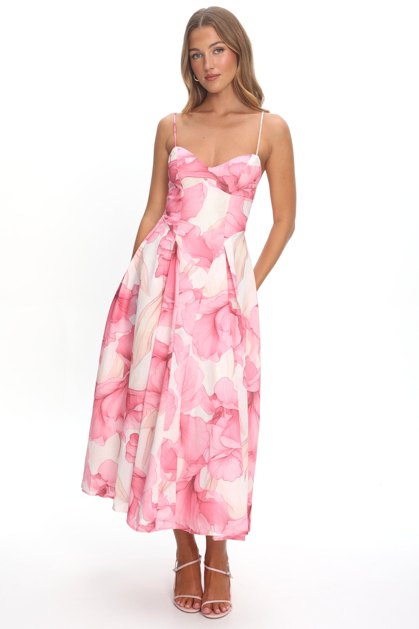 Get My Attention Pleat Waist Maxi Dress Watercolor Pink-Maymioy