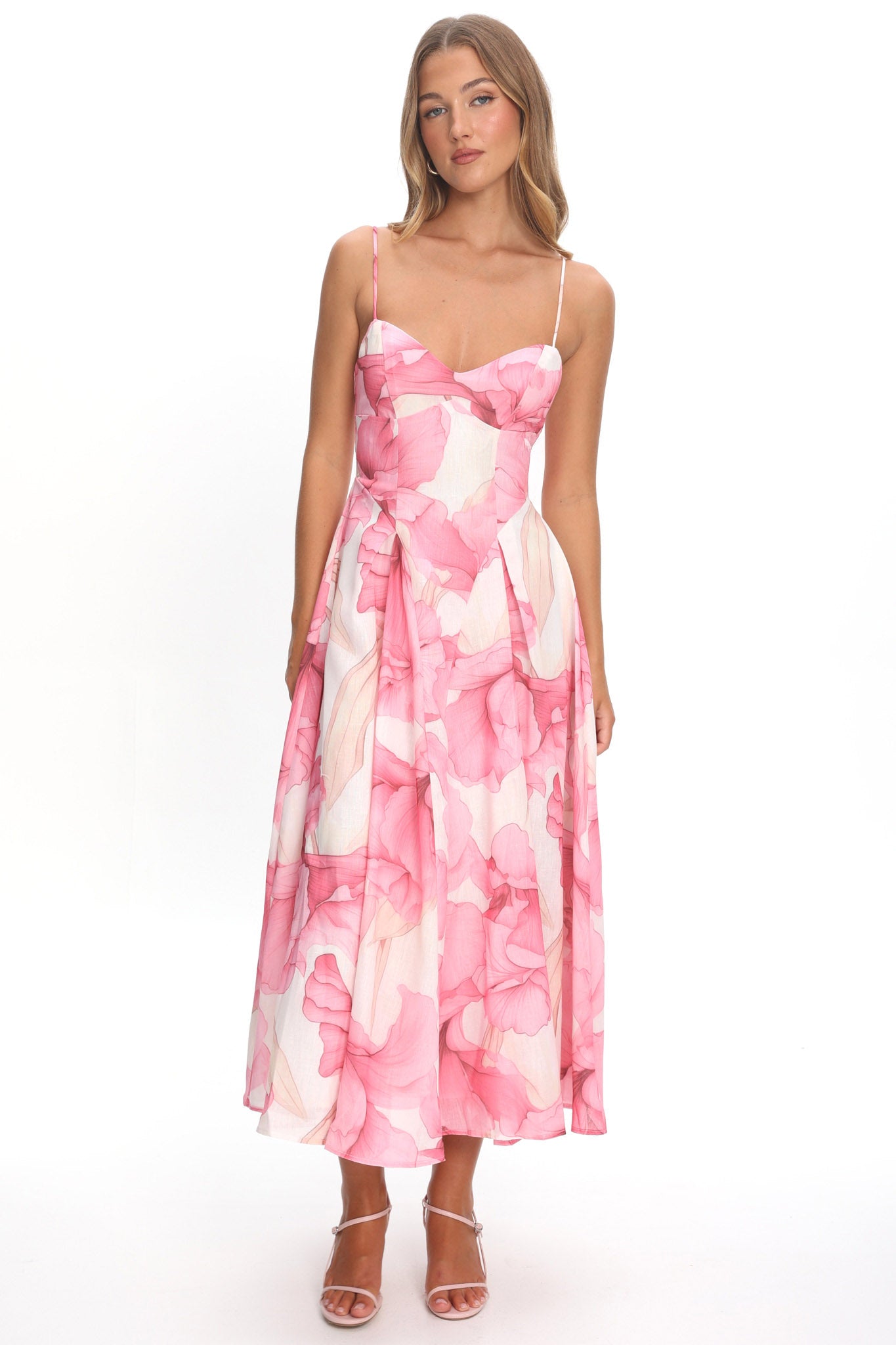 Get My Attention Pleat Waist Maxi Dress Watercolor Pink-Maymioy