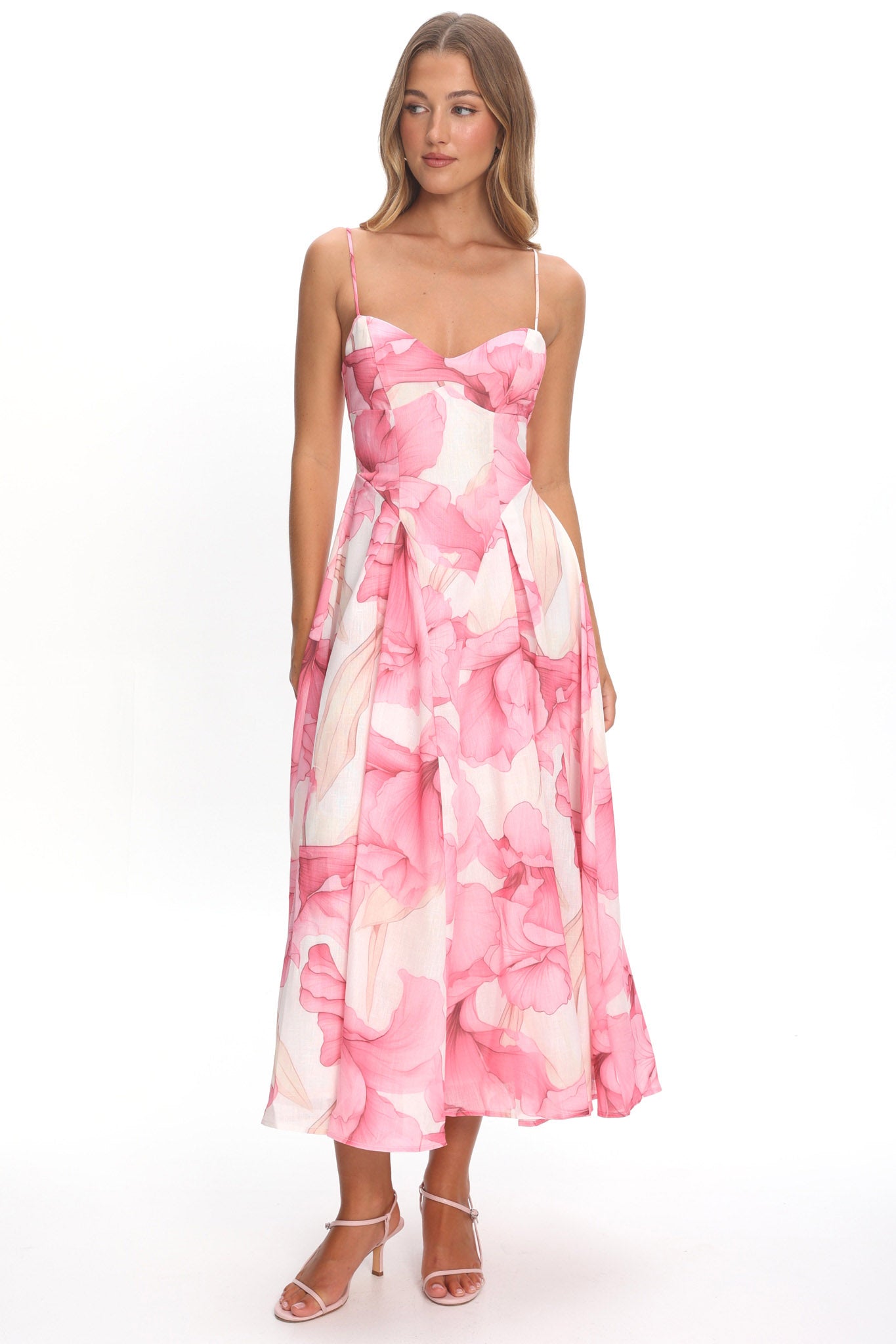 Get My Attention Pleat Waist Maxi Dress Watercolor Pink-Maymioy