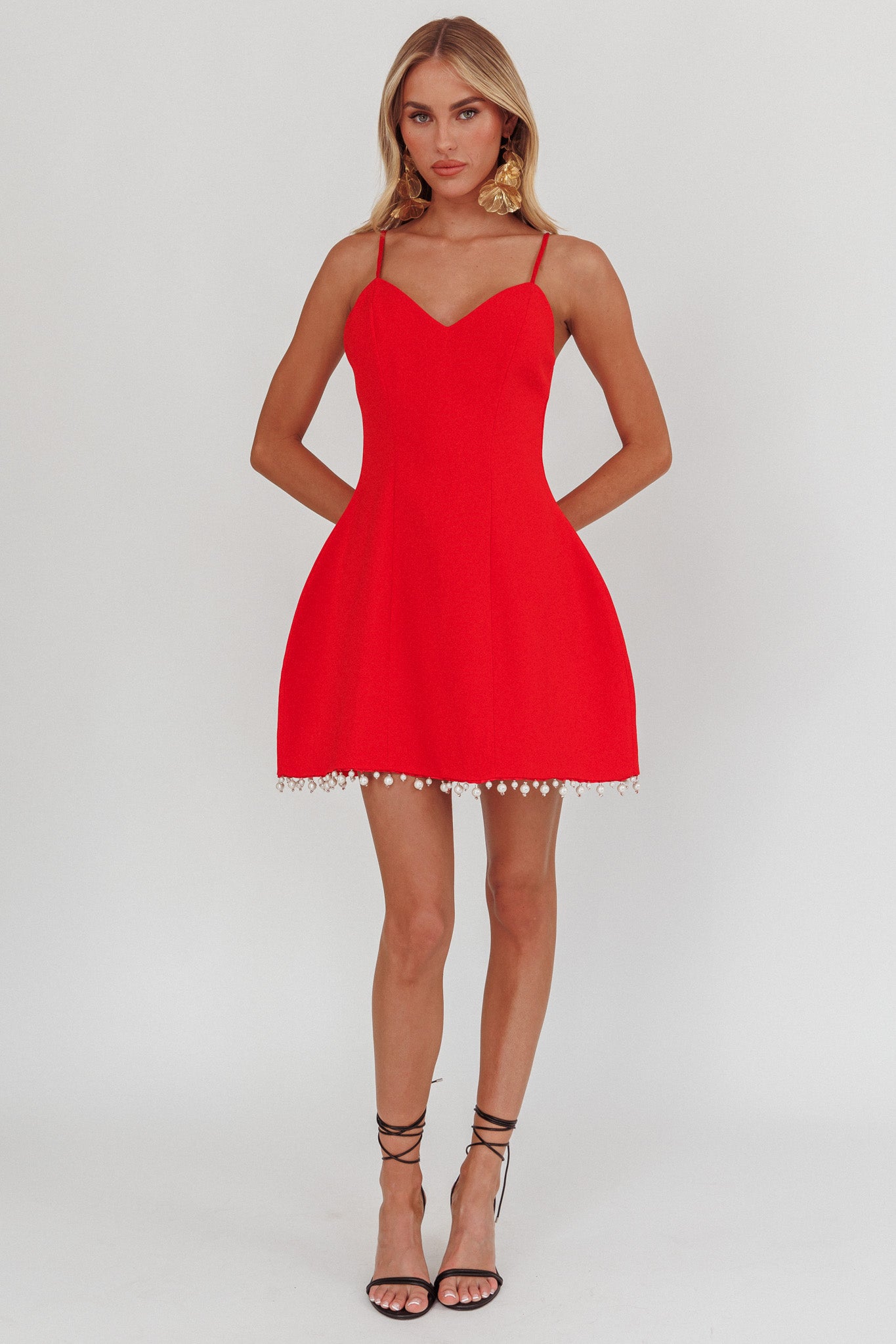 Besos Pearl Hem Mini Dress Red-Maymioy