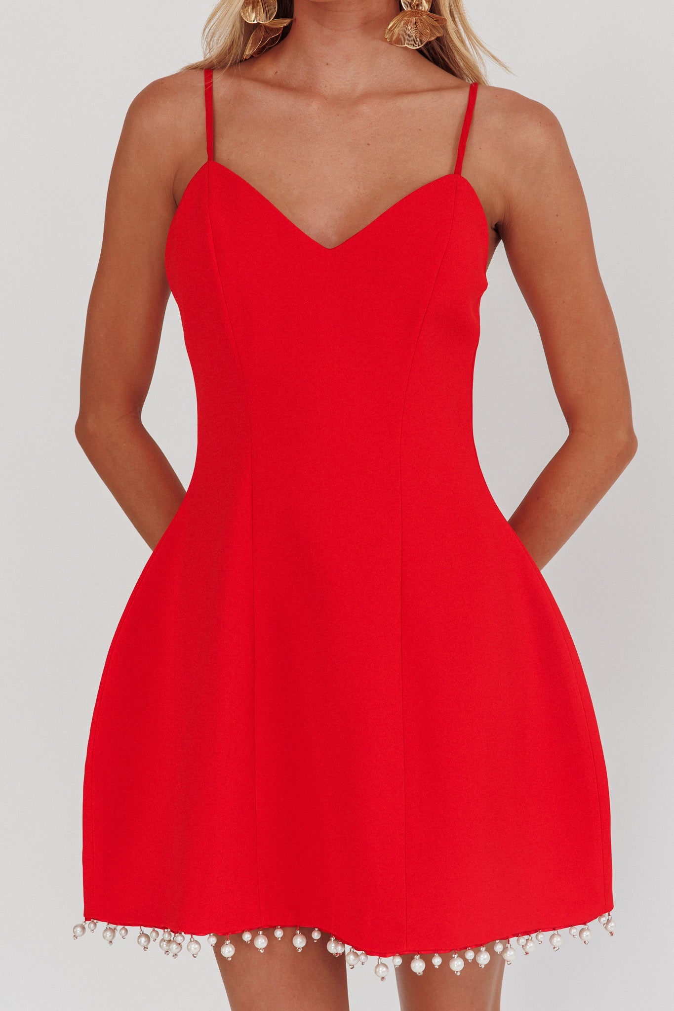 Besos Pearl Hem Mini Dress Red-Maymioy
