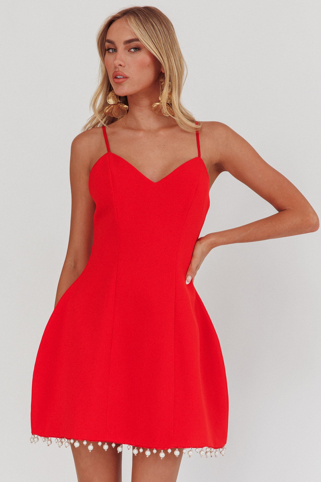 Besos Pearl Hem Mini Dress Red-Maymioy