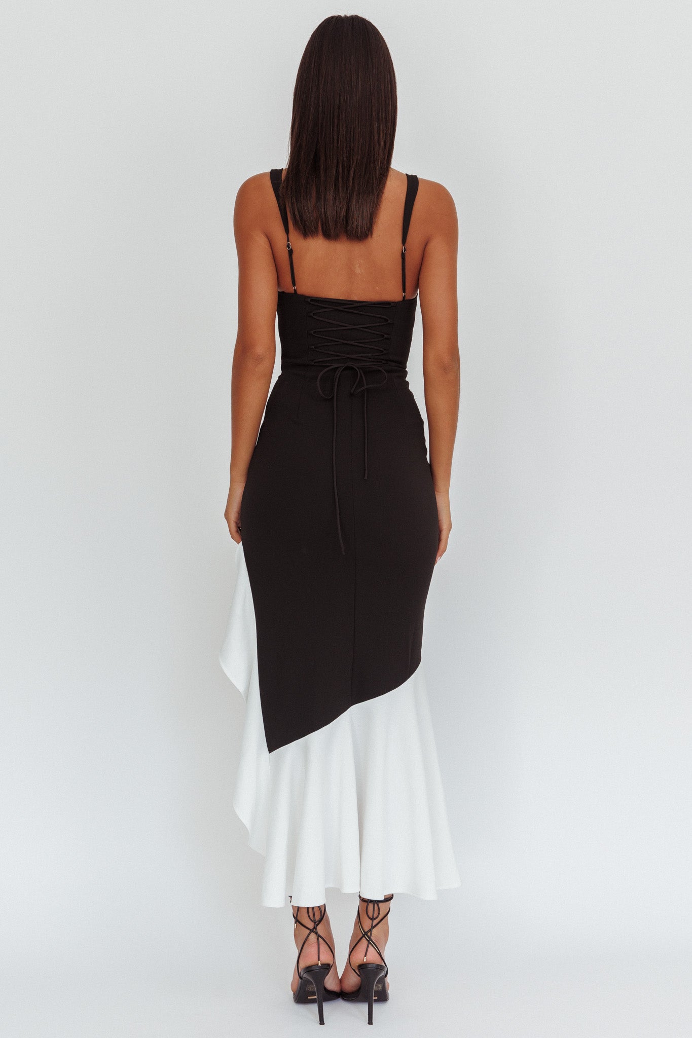 Delighted Asymmetric Hem Maxi Dress Contrast Black-Maymioy