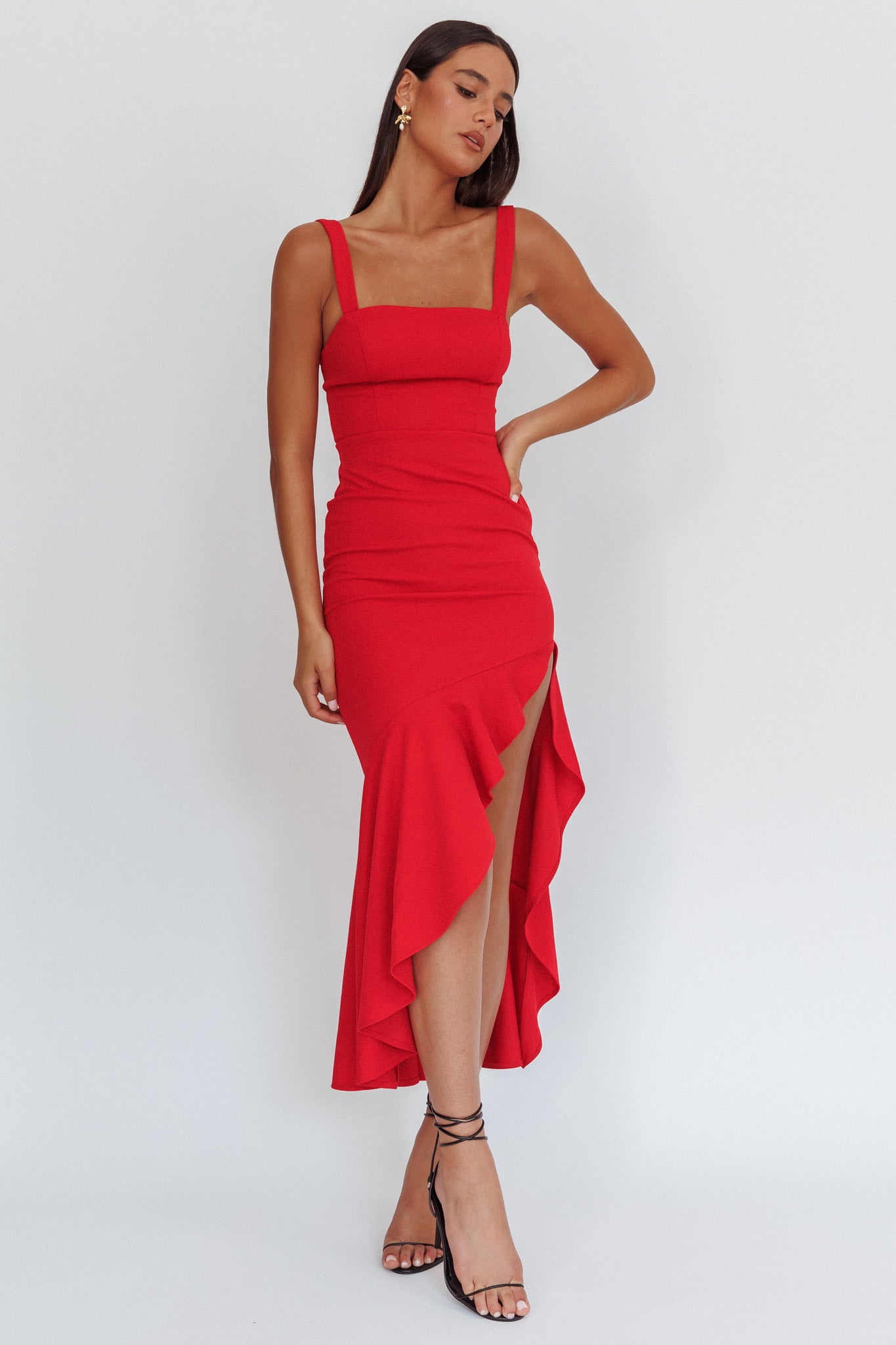 Delighted Asymmetric Hem Maxi Dress Red-Maymioy