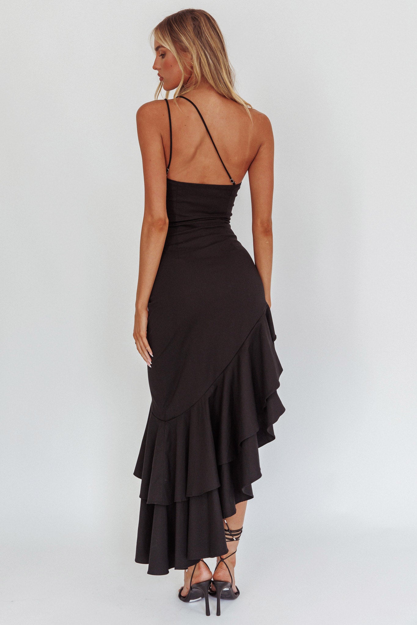 Bold Love One-Shoulder Asymmetric Hem Dress Black-Maymioy