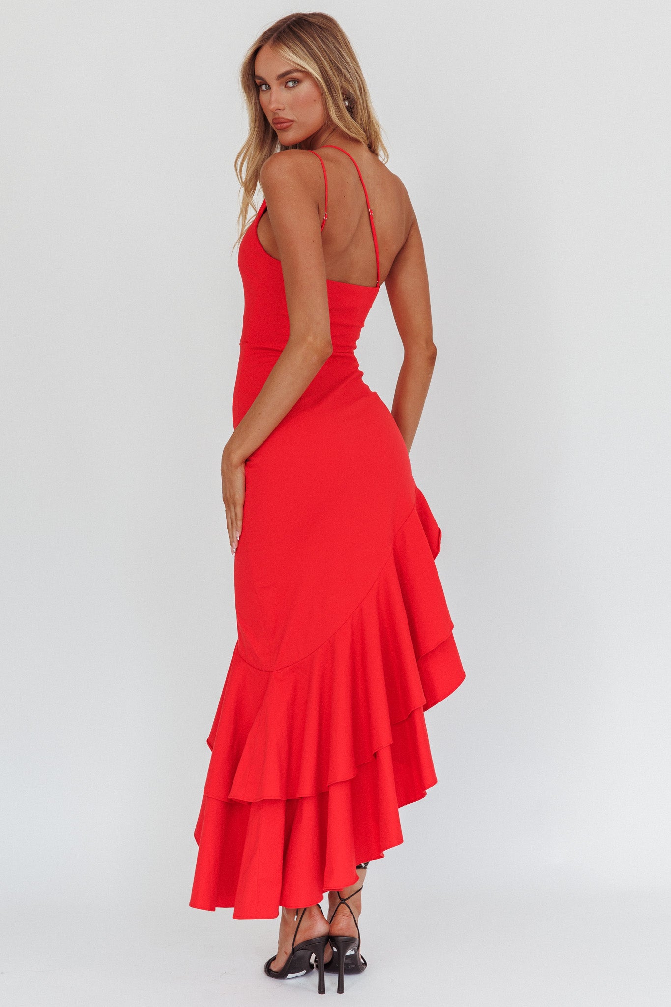 Bold Love One-Shoulder Asymmetric Hem Dress Red-Maymioy