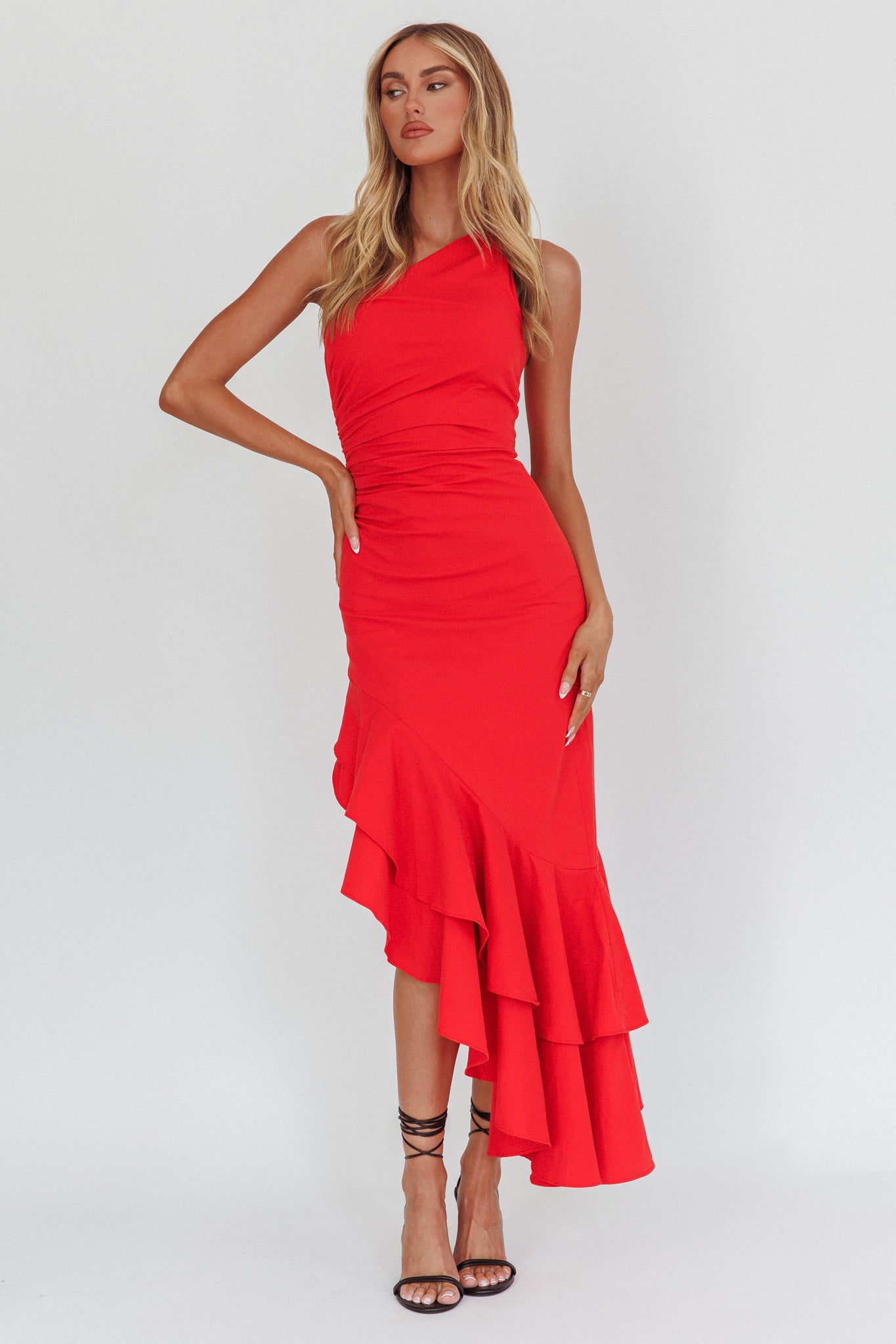 Bold Love One-Shoulder Asymmetric Hem Dress Red-Maymioy
