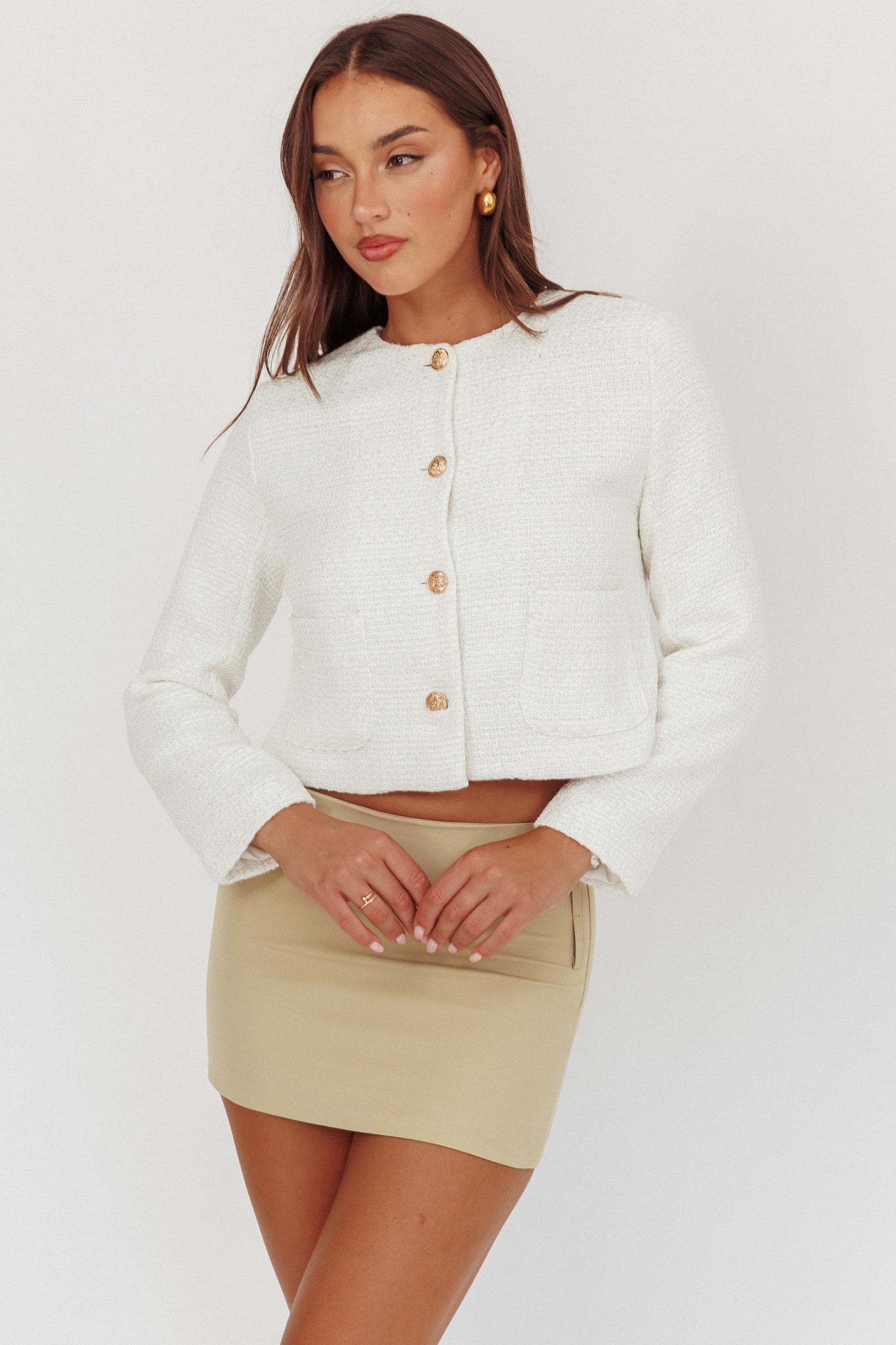 Beverly Hills Cropped Jacket Tweed White-Maymioy
