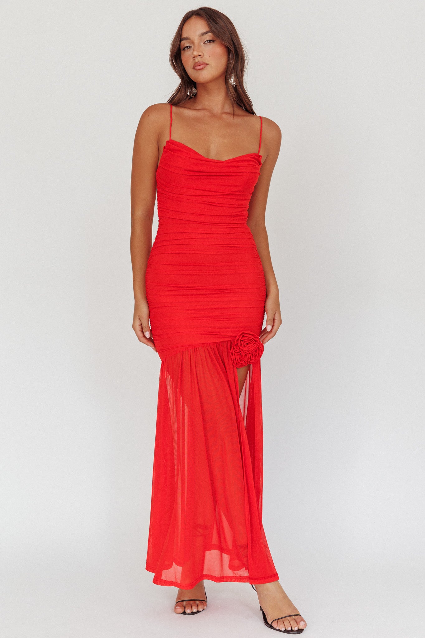 Stole The Show Ruched Mesh Maxi Dress Red-Maymioy