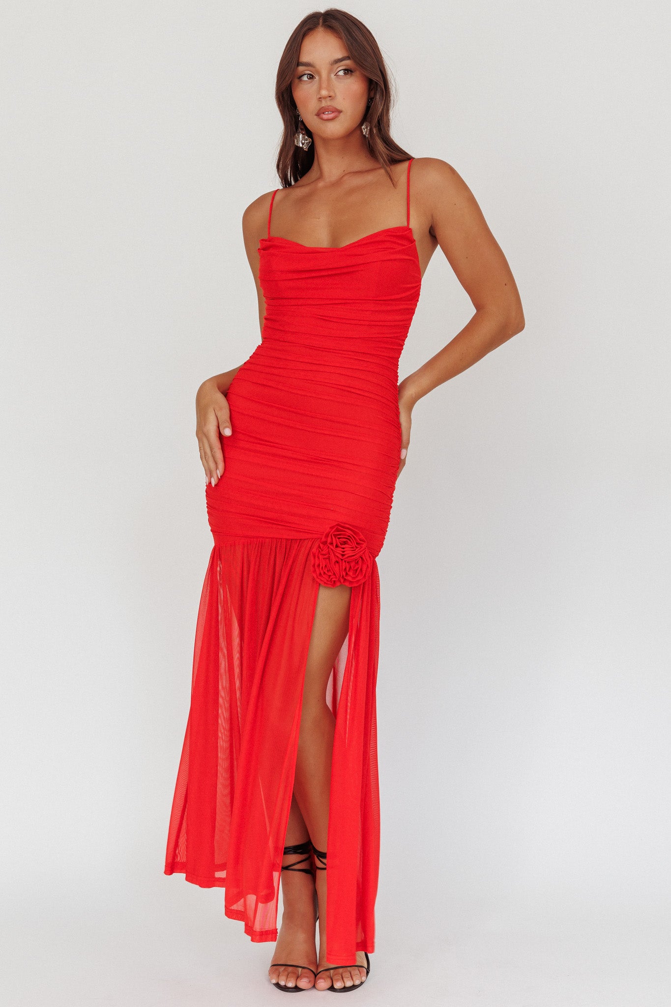 Stole The Show Ruched Mesh Maxi Dress Red-Maymioy