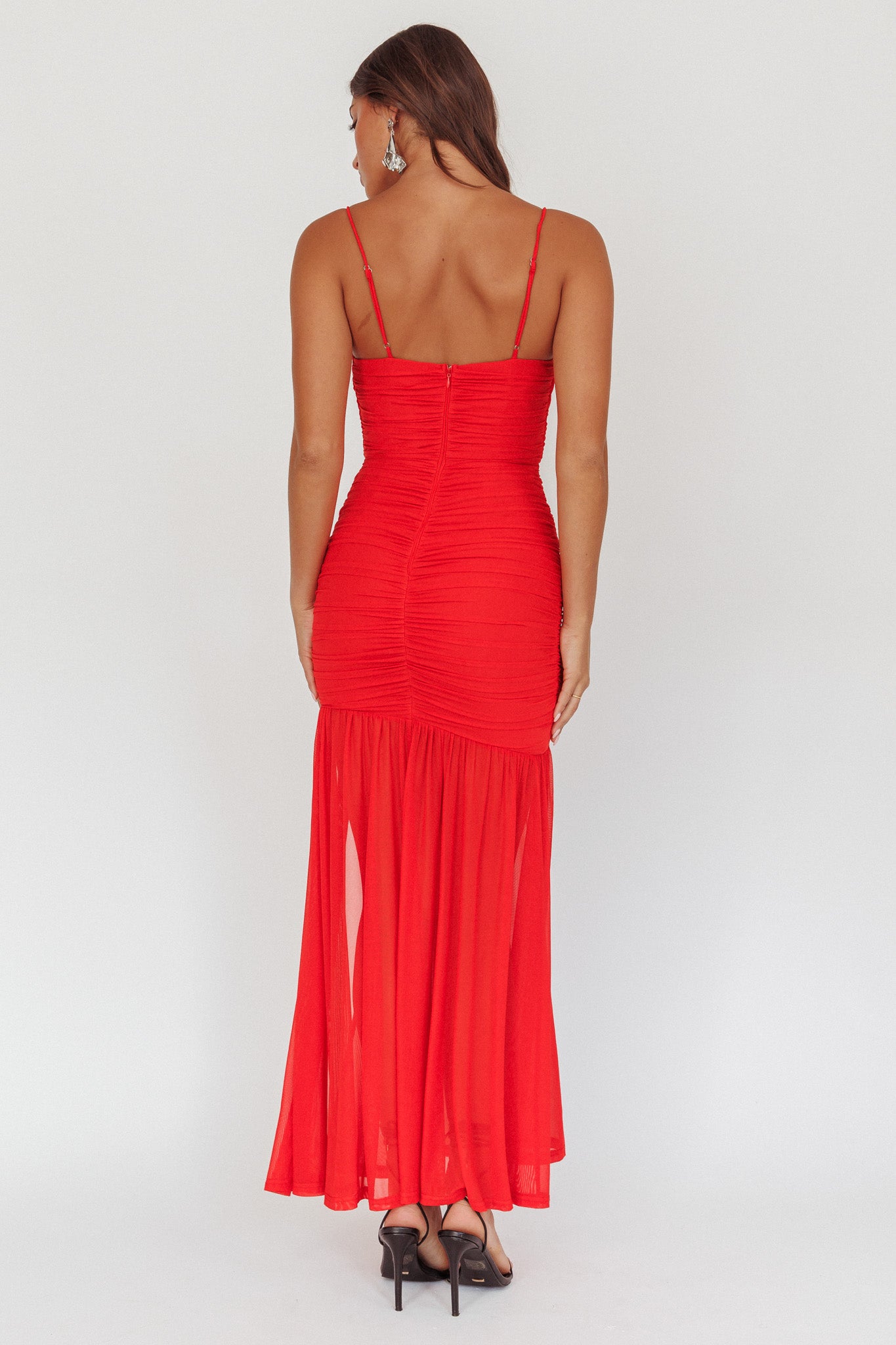 Stole The Show Ruched Mesh Maxi Dress Red-Maymioy