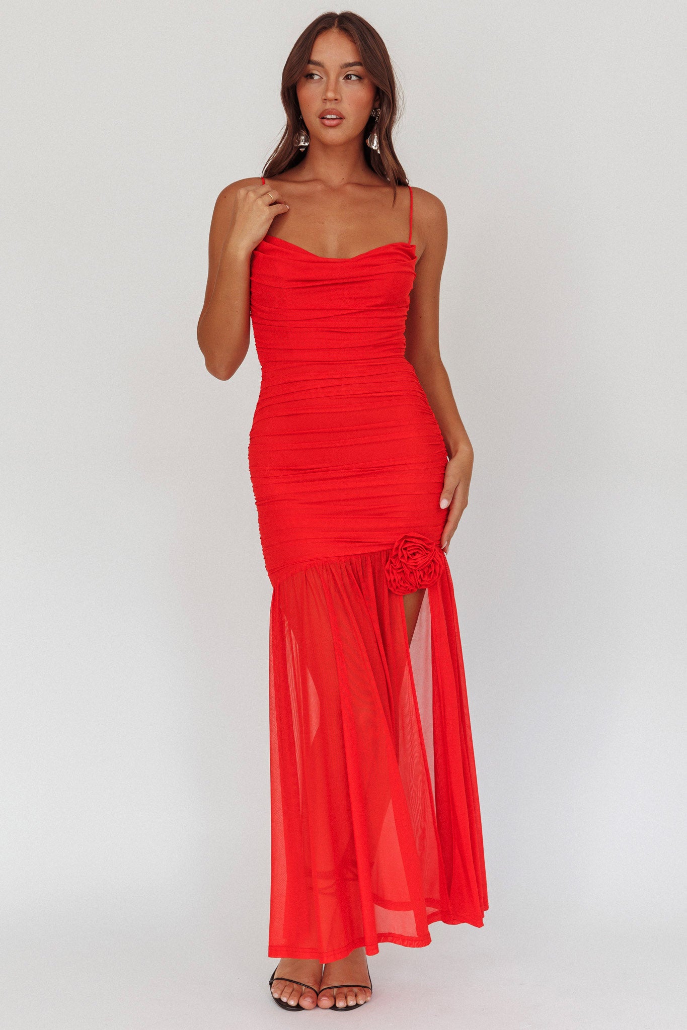 Stole The Show Ruched Mesh Maxi Dress Red-Maymioy