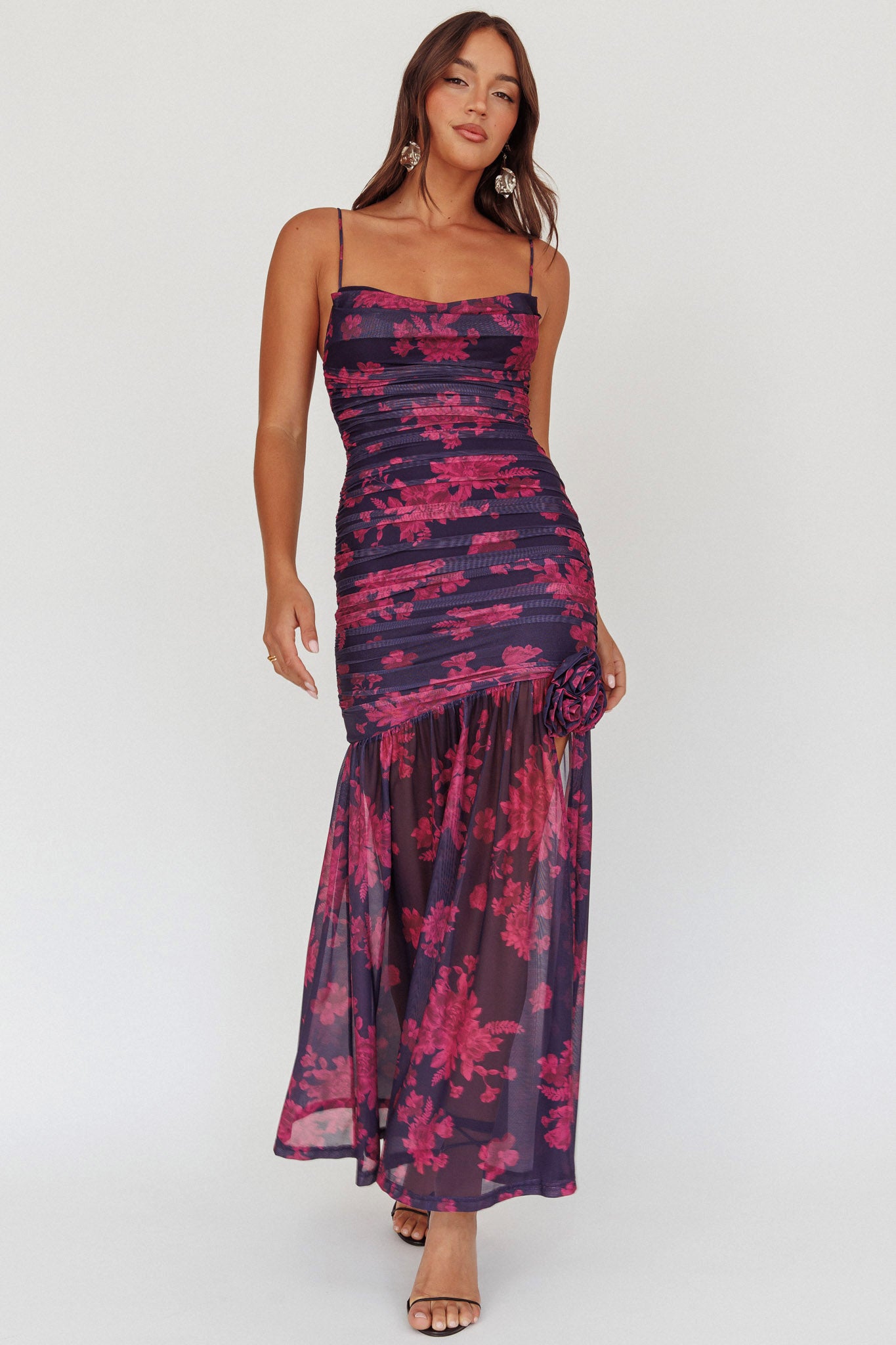 Stole The Show Ruched Mesh Maxi Dress Floral Grape-Maymioy