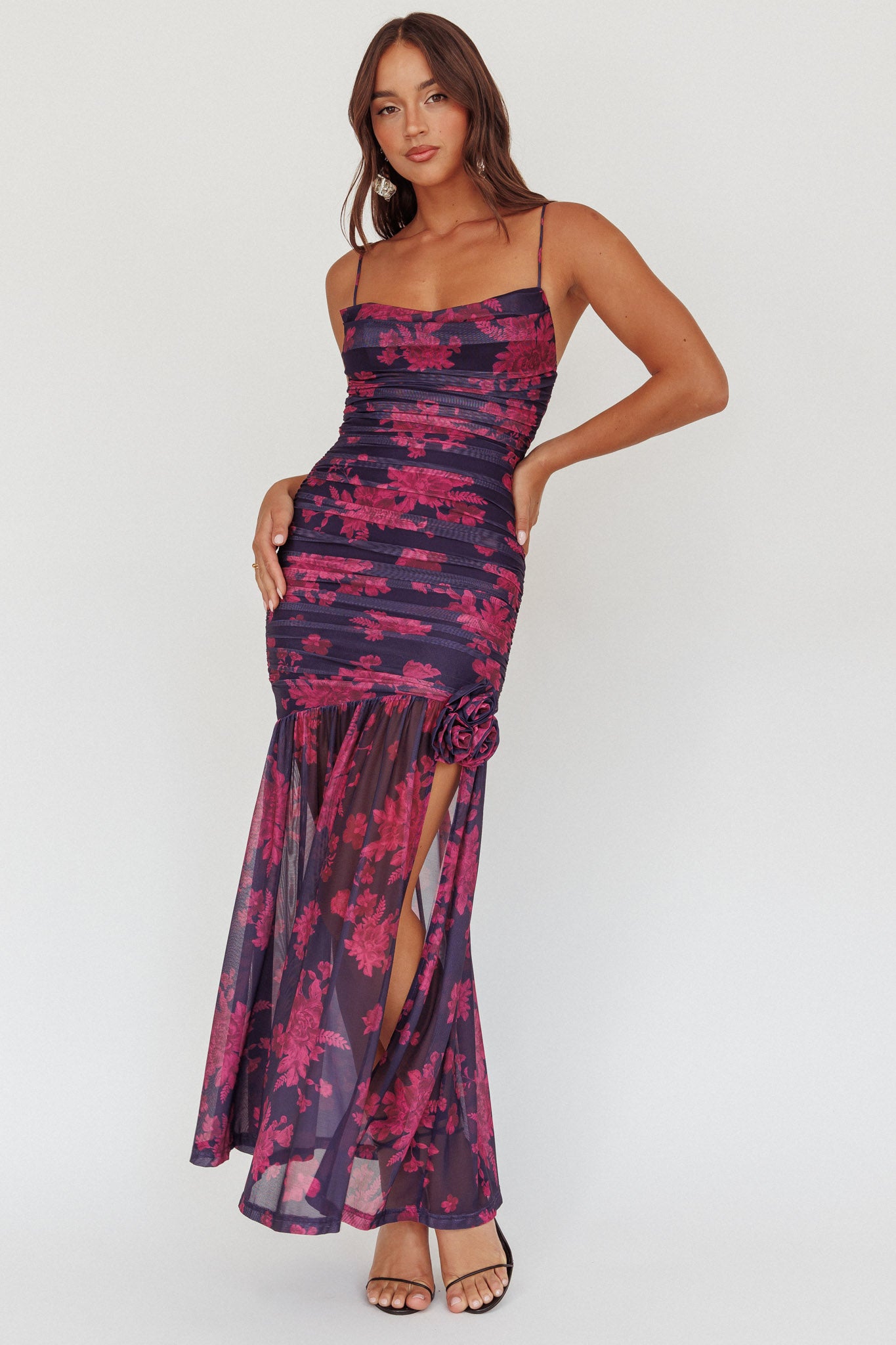 Stole The Show Ruched Mesh Maxi Dress Floral Grape-Maymioy