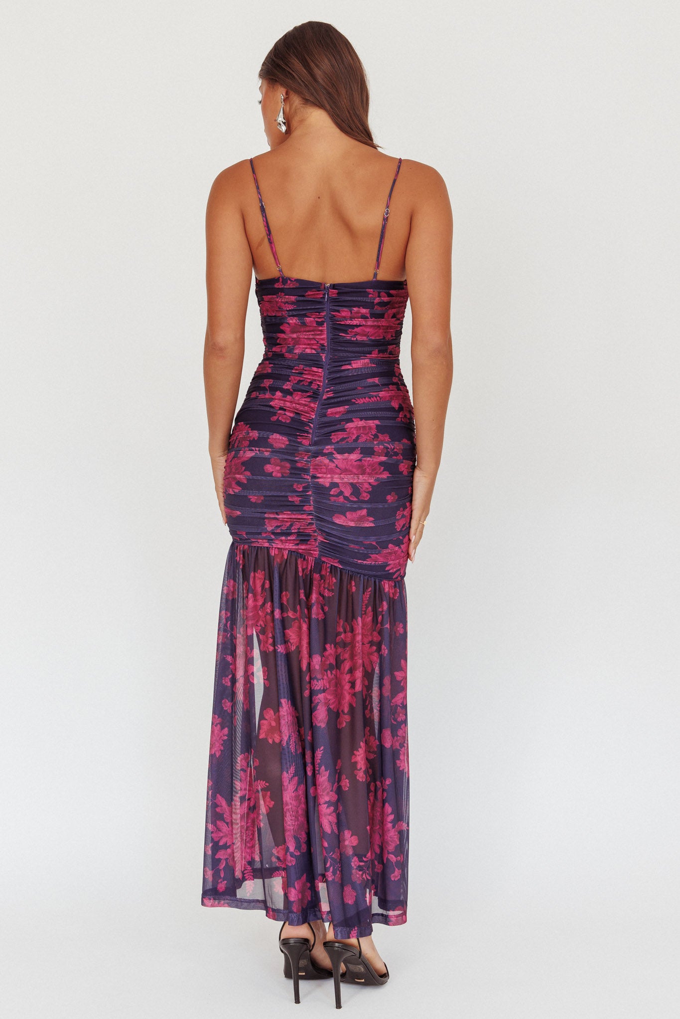 Stole The Show Ruched Mesh Maxi Dress Floral Grape-Maymioy