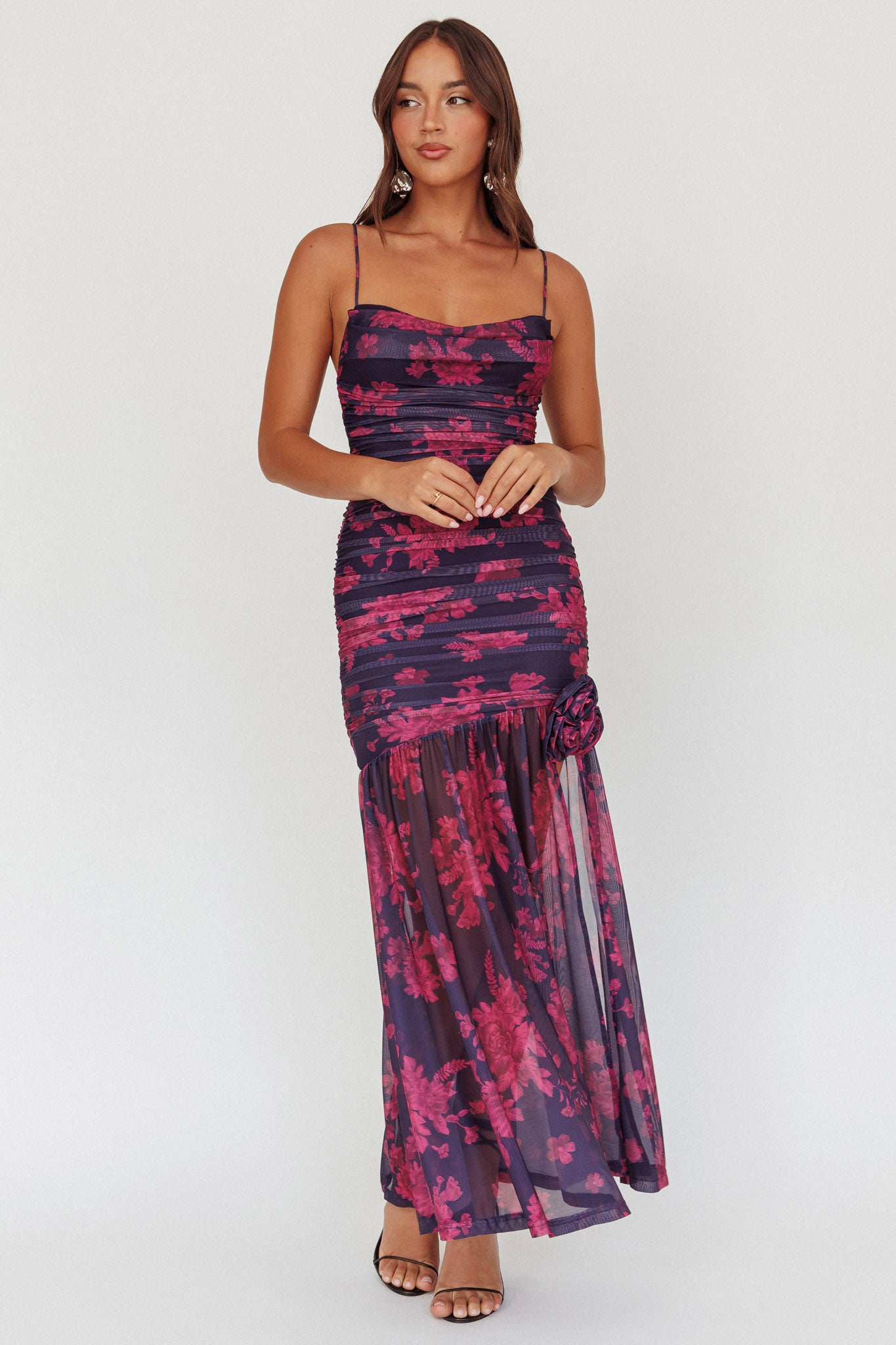 Stole The Show Ruched Mesh Maxi Dress Floral Grape-Maymioy