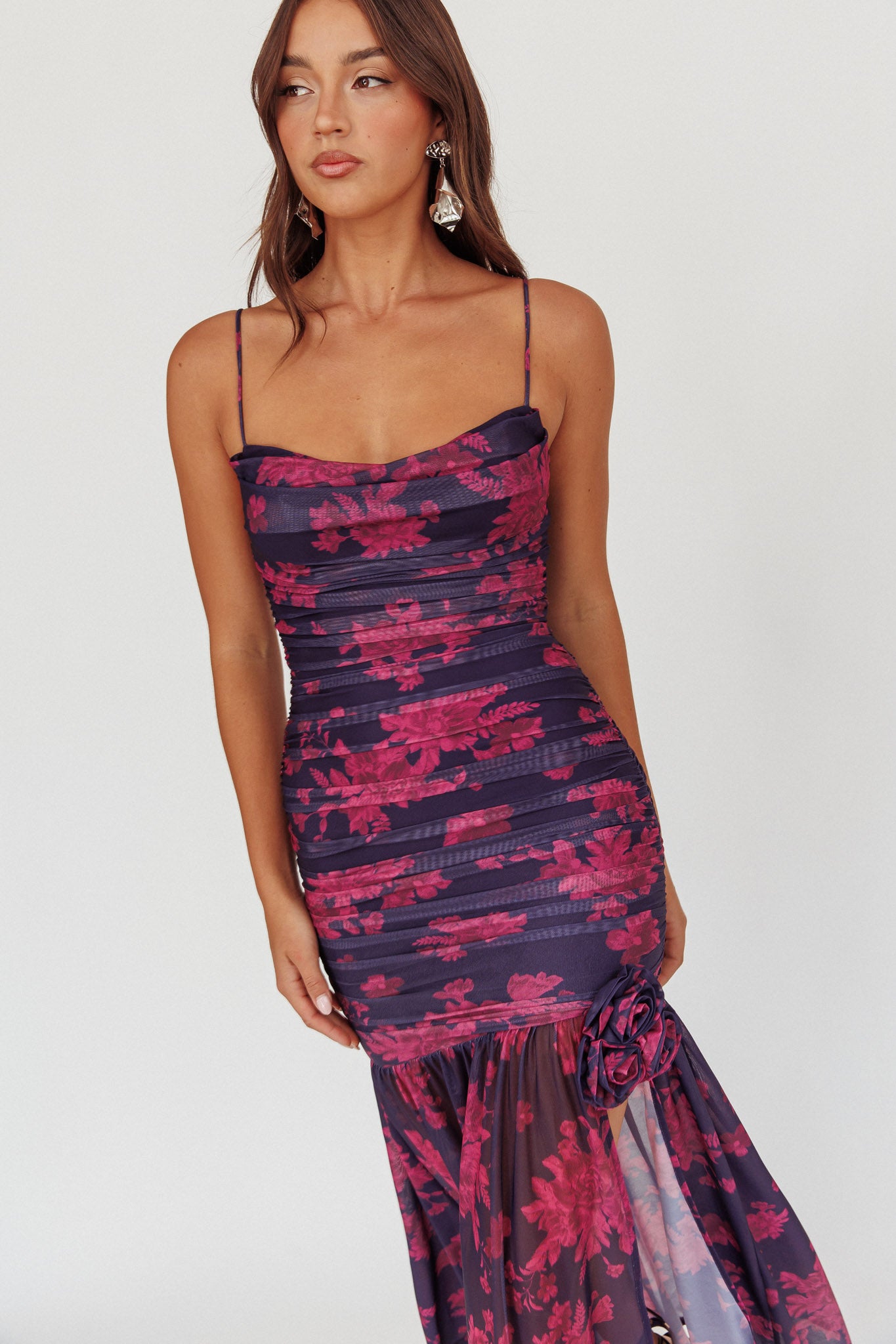 Stole The Show Ruched Mesh Maxi Dress Floral Grape-Maymioy