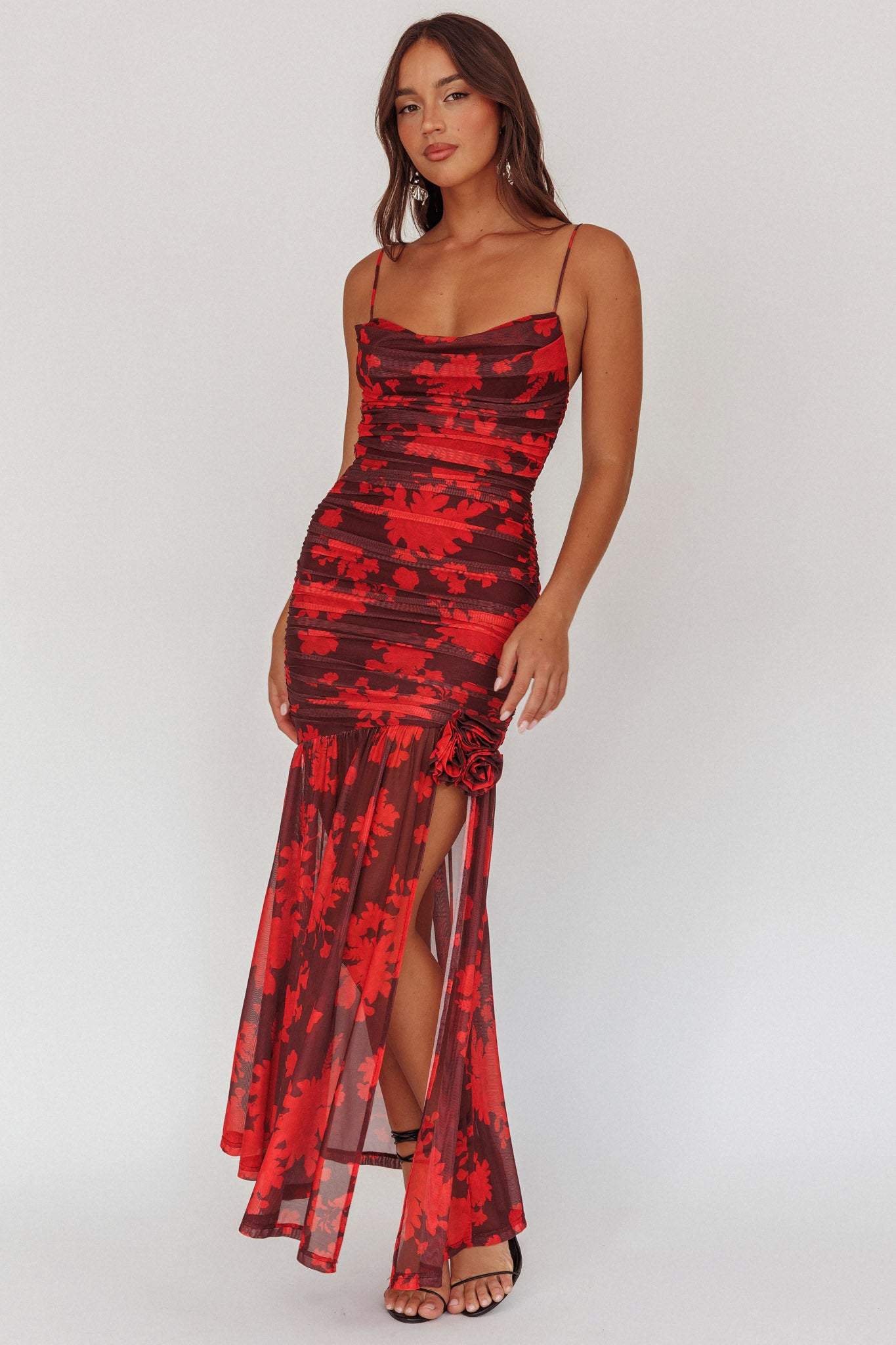 Stole The Show Ruched Mesh Maxi Dress Floral Red-Maymioy
