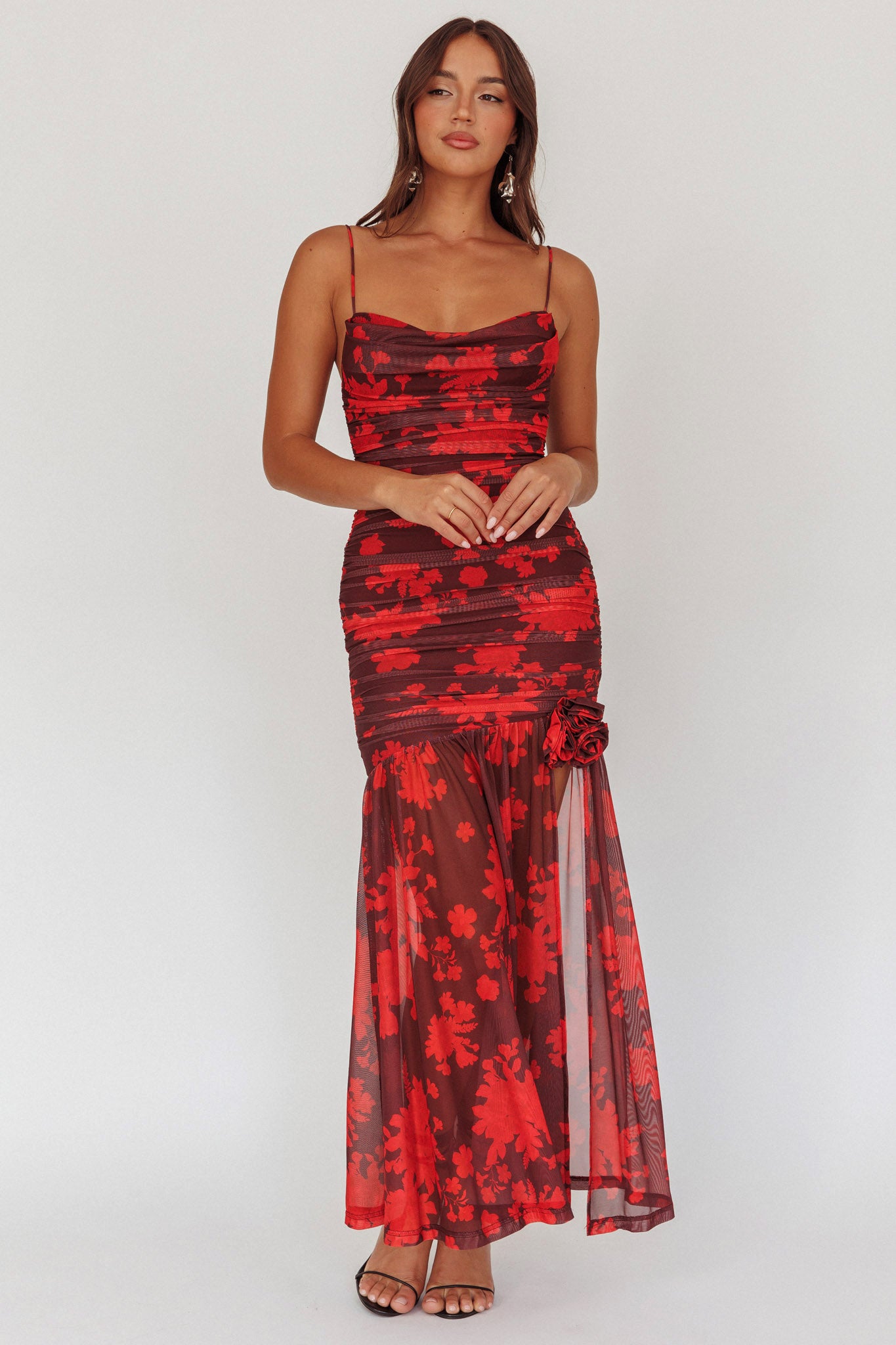 Stole The Show Ruched Mesh Maxi Dress Floral Red-Maymioy