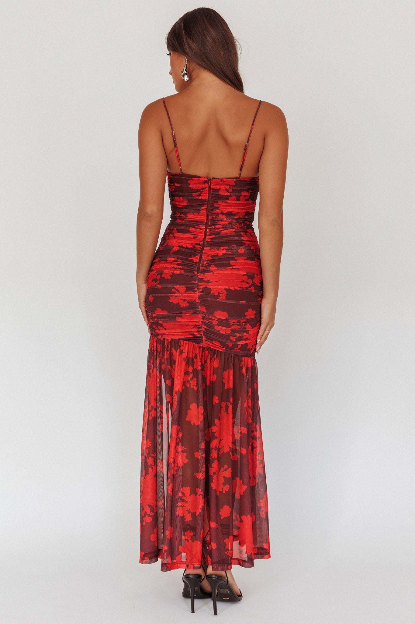 Stole The Show Ruched Mesh Maxi Dress Floral Red-Maymioy