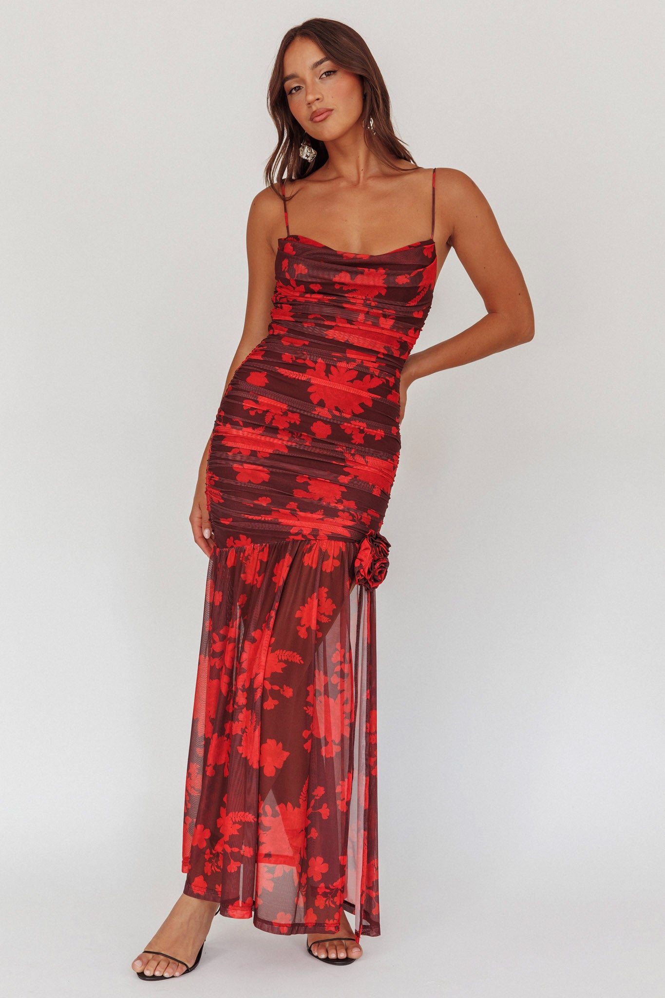 Stole The Show Ruched Mesh Maxi Dress Floral Red-Maymioy