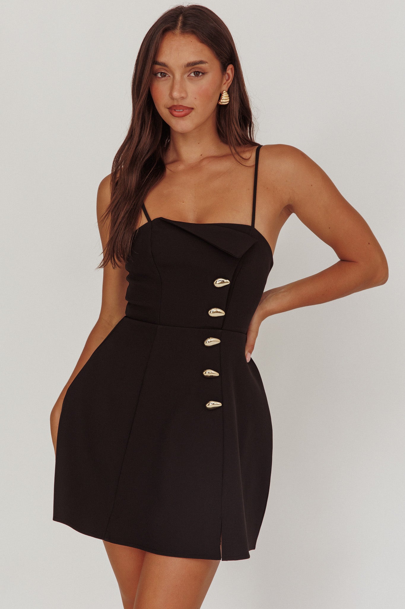 Captivated Button Feature Mini Dress Black-Maymioy