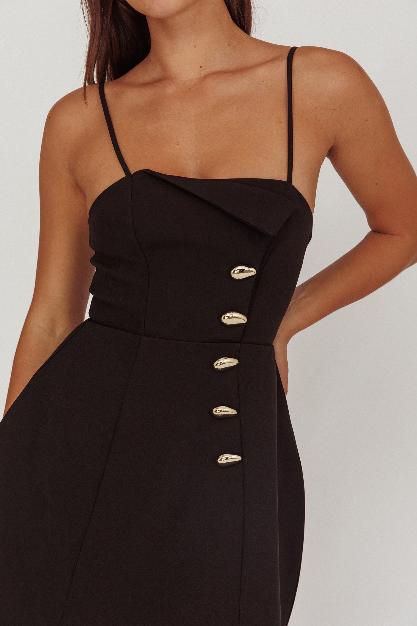 Captivated Button Feature Mini Dress Black-Maymioy