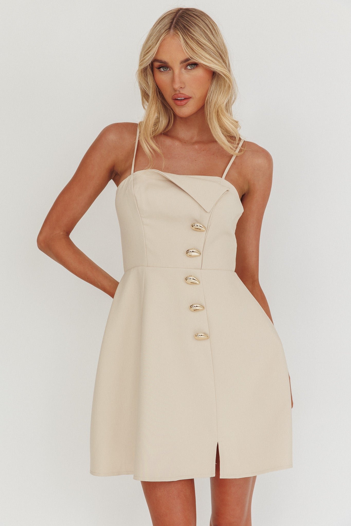 Captivated Button Feature Mini Dress Stone-Maymioy