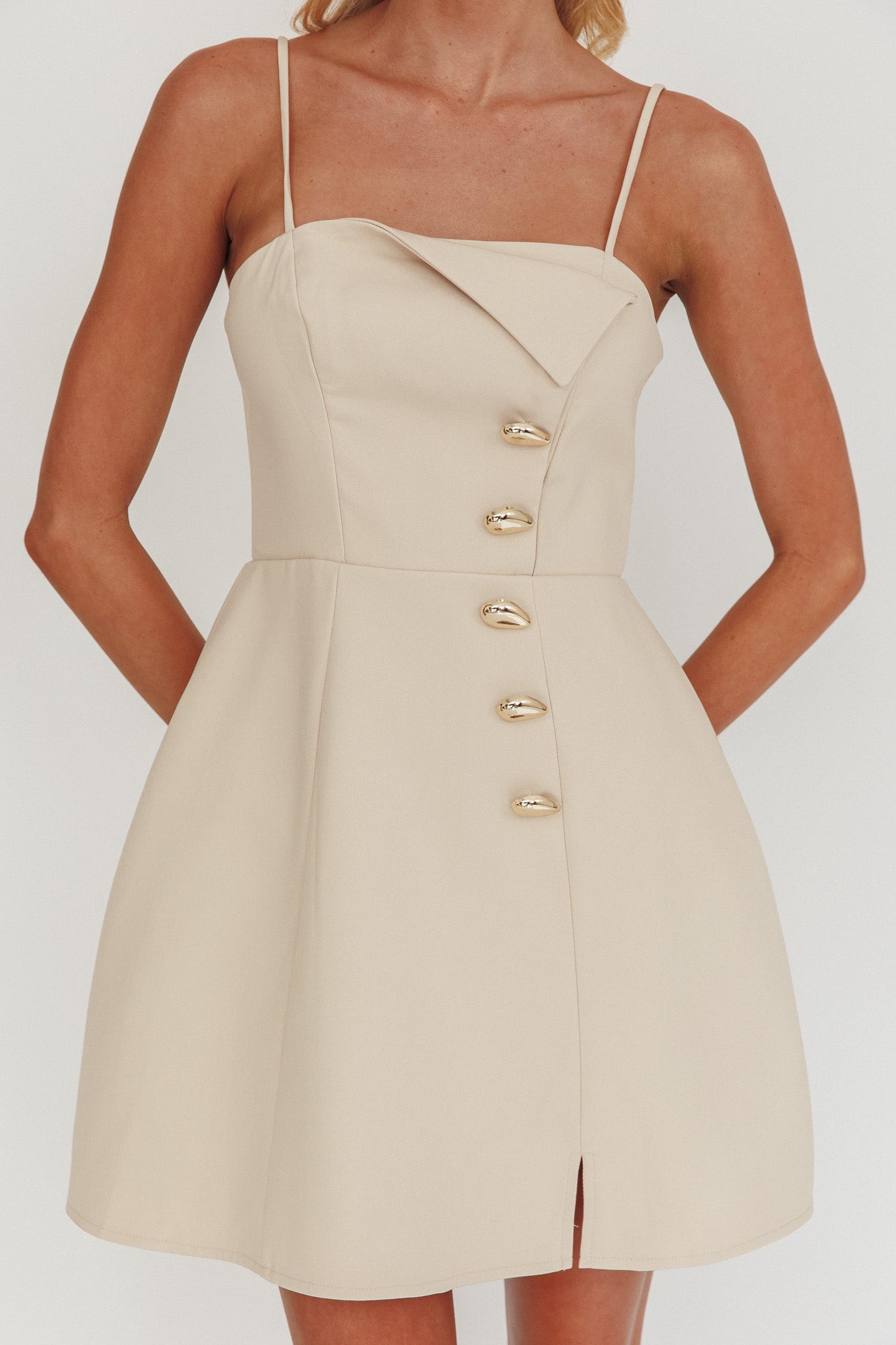 Captivated Button Feature Mini Dress Stone-Maymioy
