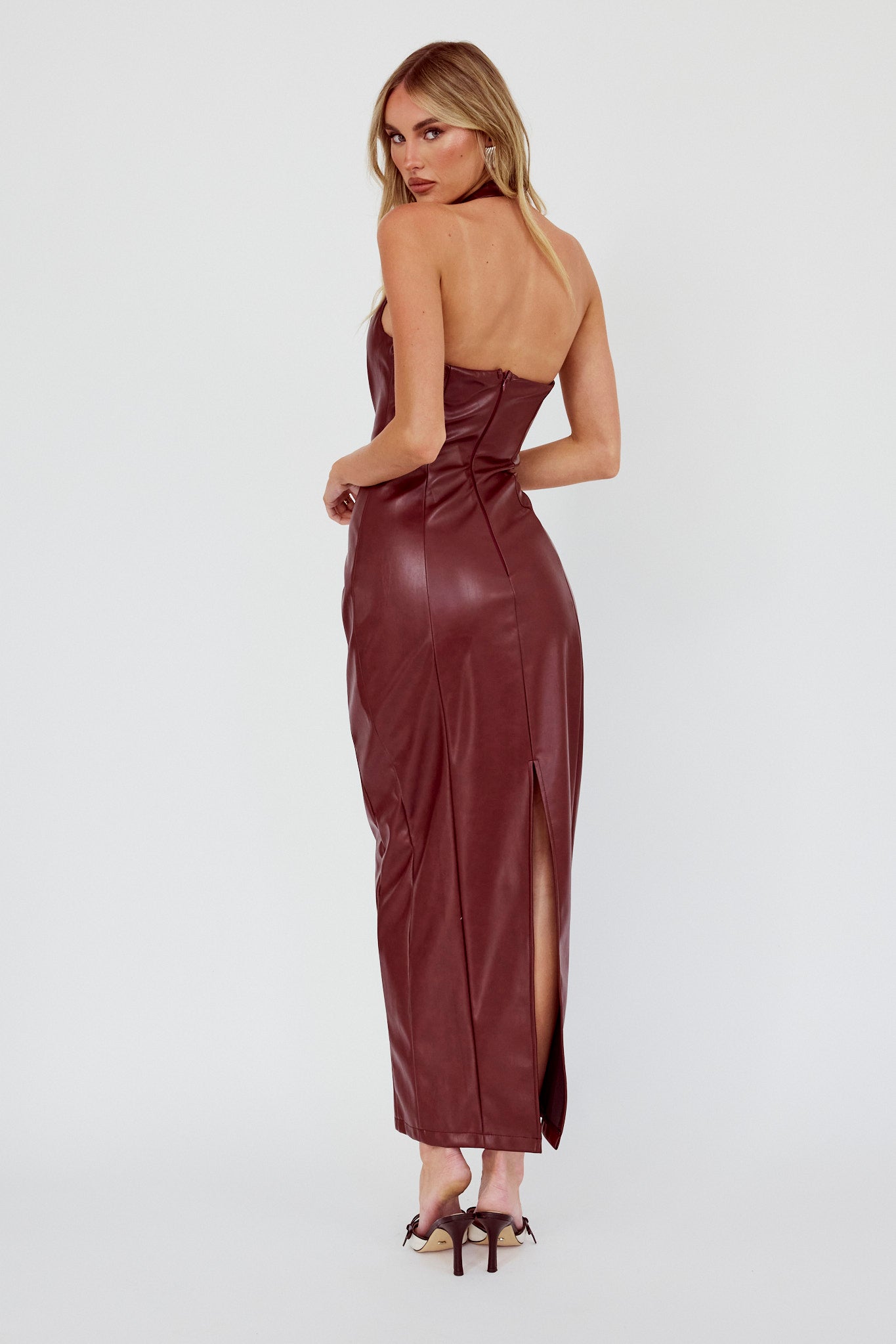 Marella Halterneck Faux Leather Maxi Dress Wine-Maymioy