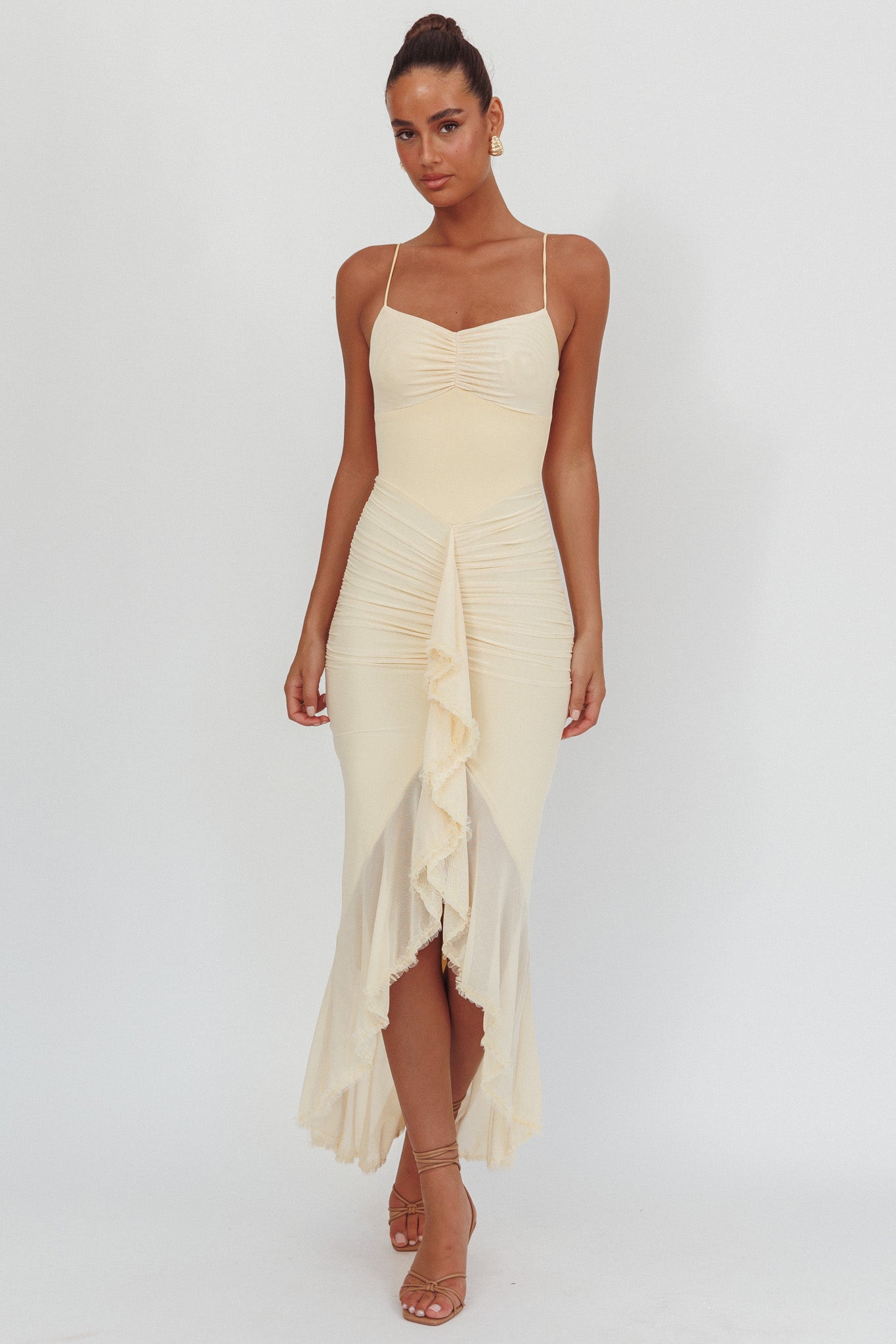 Kamilah Gathered Cascading Ruffle Midi Dress Butter-Maymioy