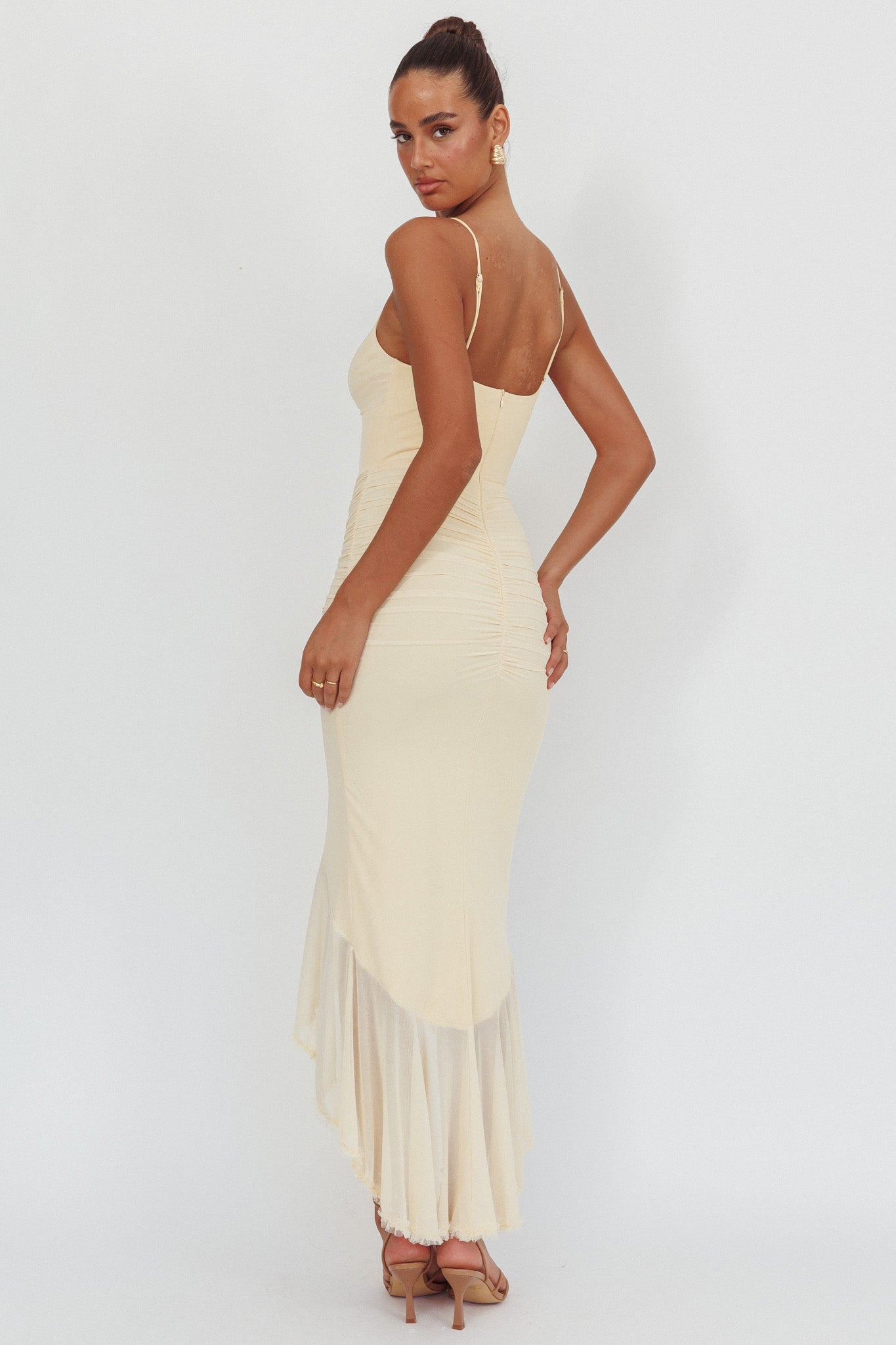 Kamilah Gathered Cascading Ruffle Midi Dress Butter-Maymioy