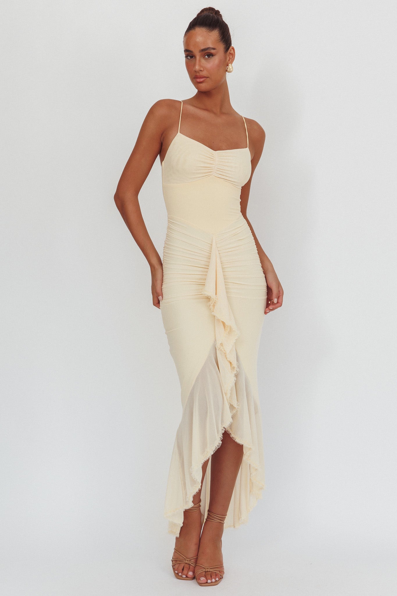 Kamilah Gathered Cascading Ruffle Midi Dress Butter-Maymioy