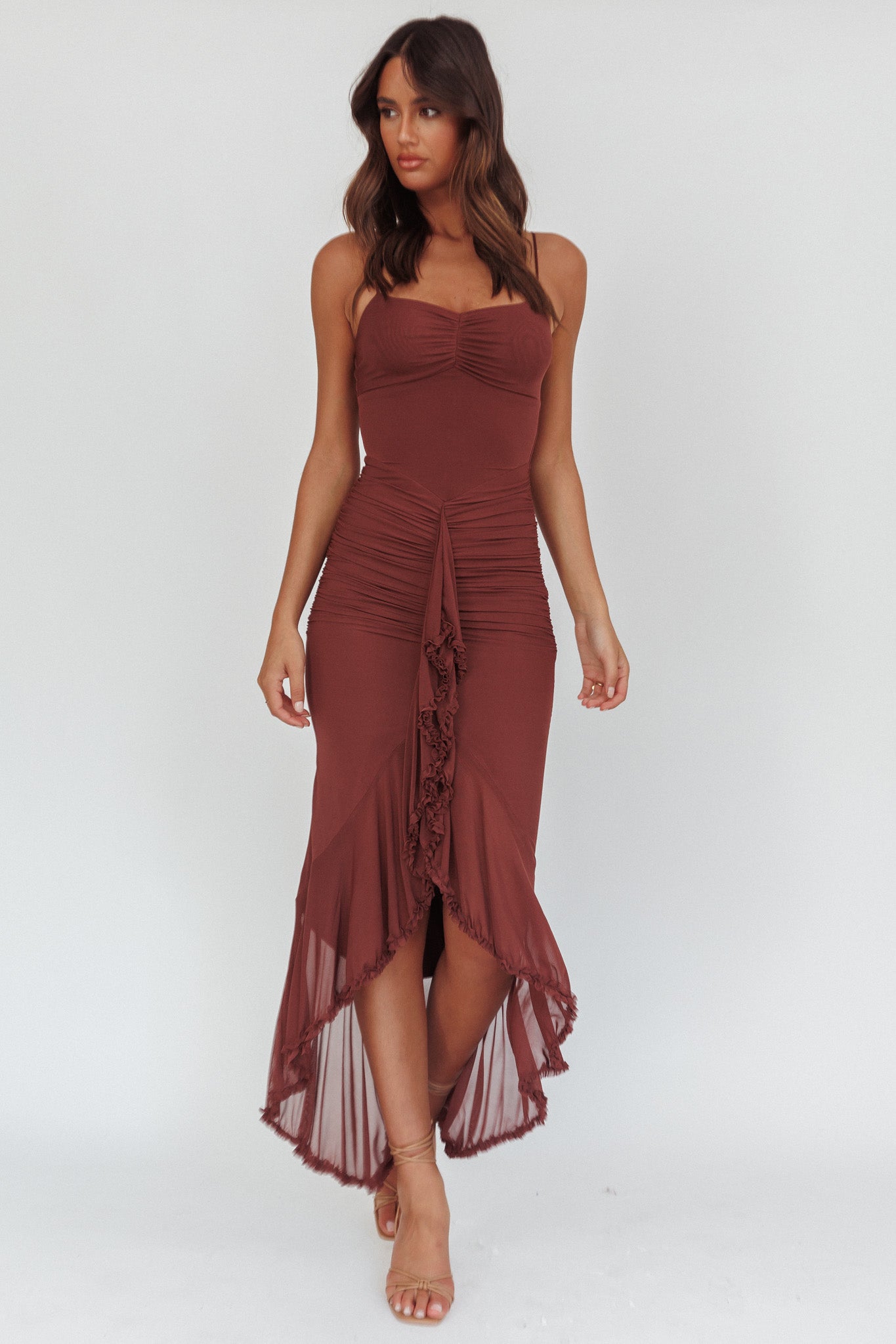 Kamilah Gathered Cascading Ruffle Midi Dress Maroon-Maymioy