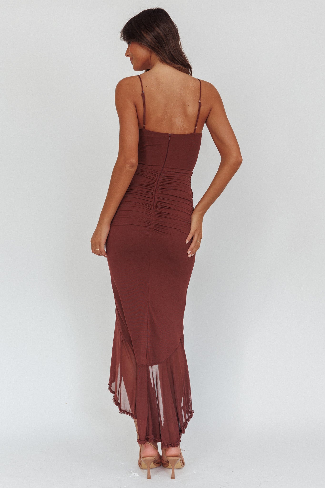 Kamilah Gathered Cascading Ruffle Midi Dress Maroon-Maymioy