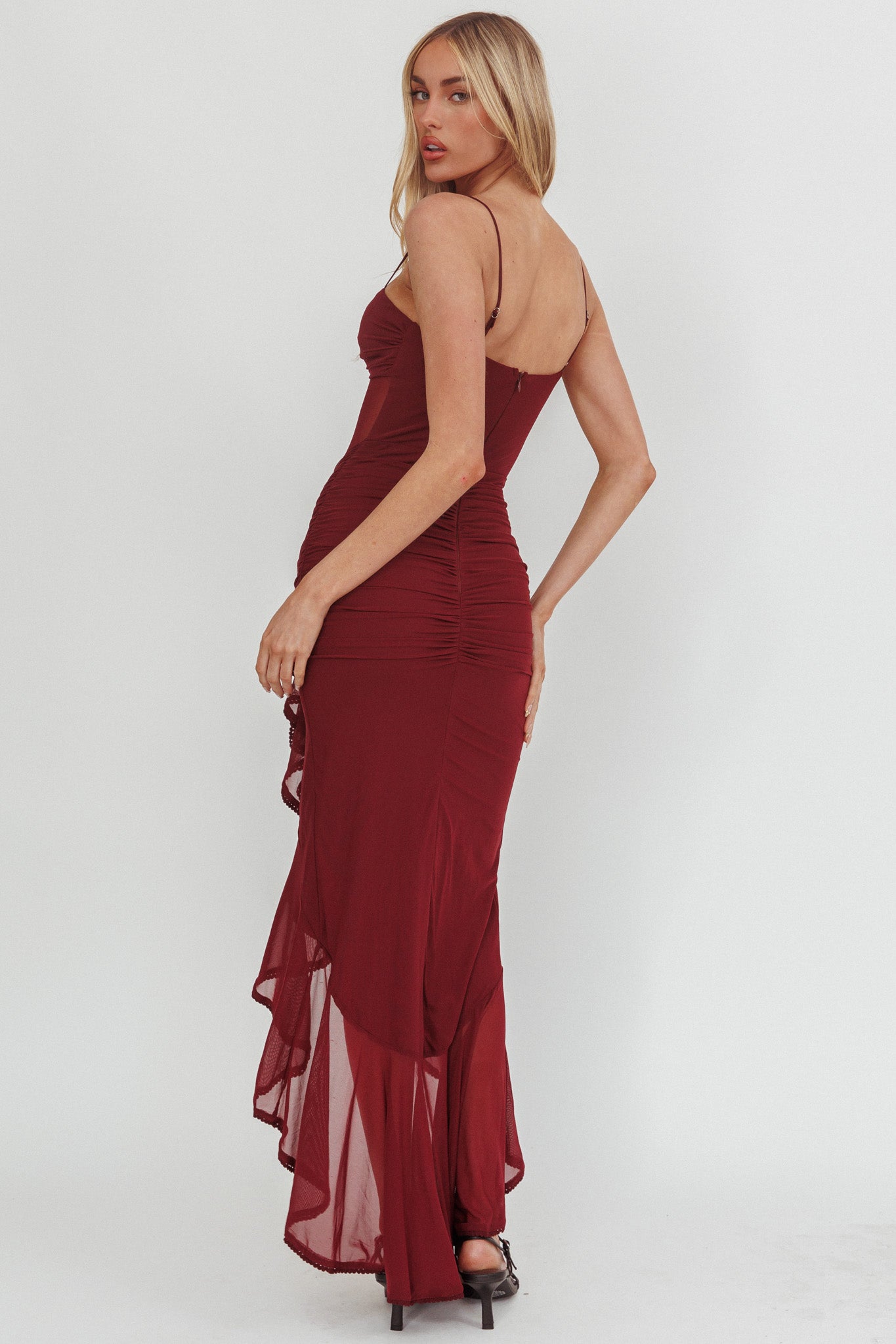 Kamilah Sheer Waist Ruched Ruffle Maxi Dress Wine-Maymioy