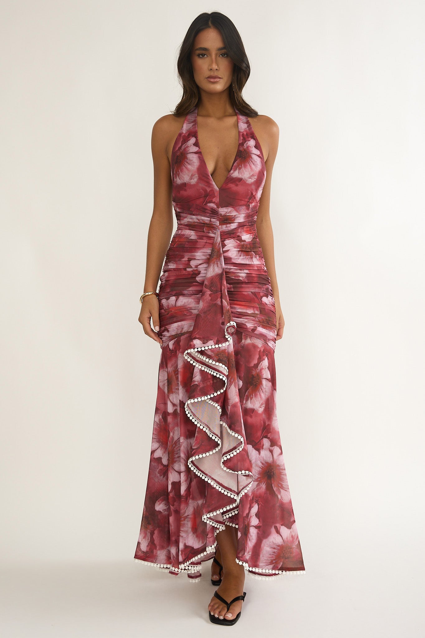 Kamilah Ruched Ruffle Maxi Dress Floral Red-Maymioy