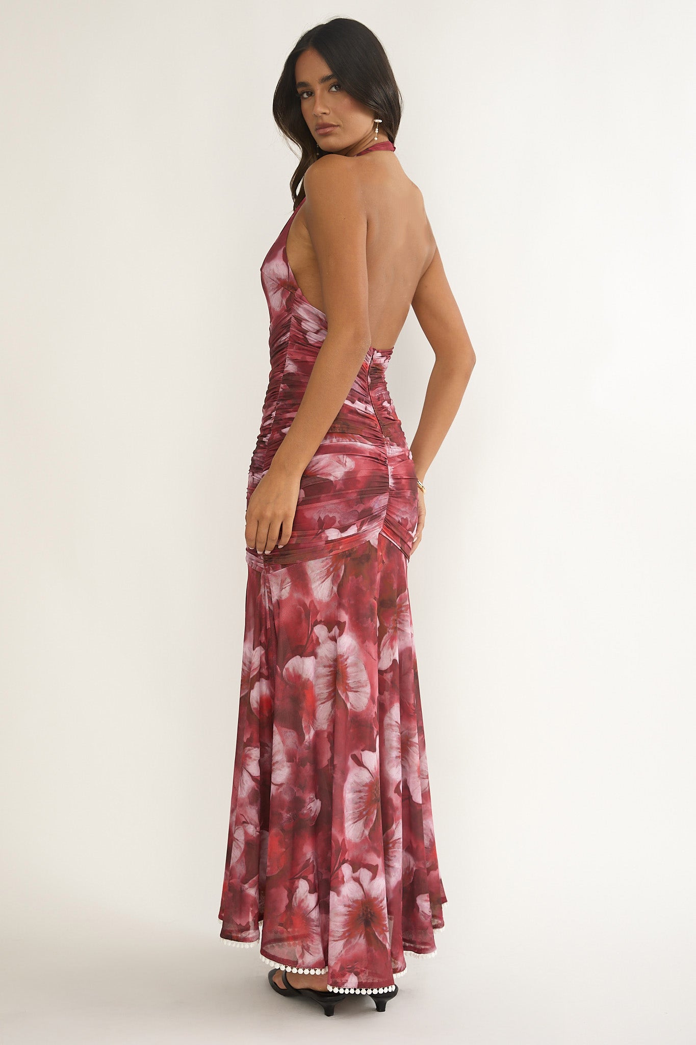 Kamilah Ruched Ruffle Maxi Dress Floral Red-Maymioy