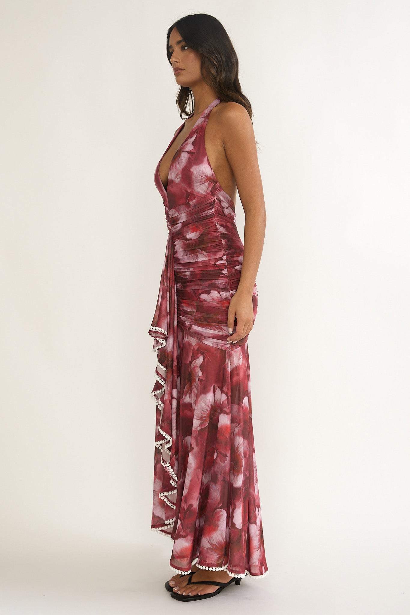 Kamilah Ruched Ruffle Maxi Dress Floral Red-Maymioy