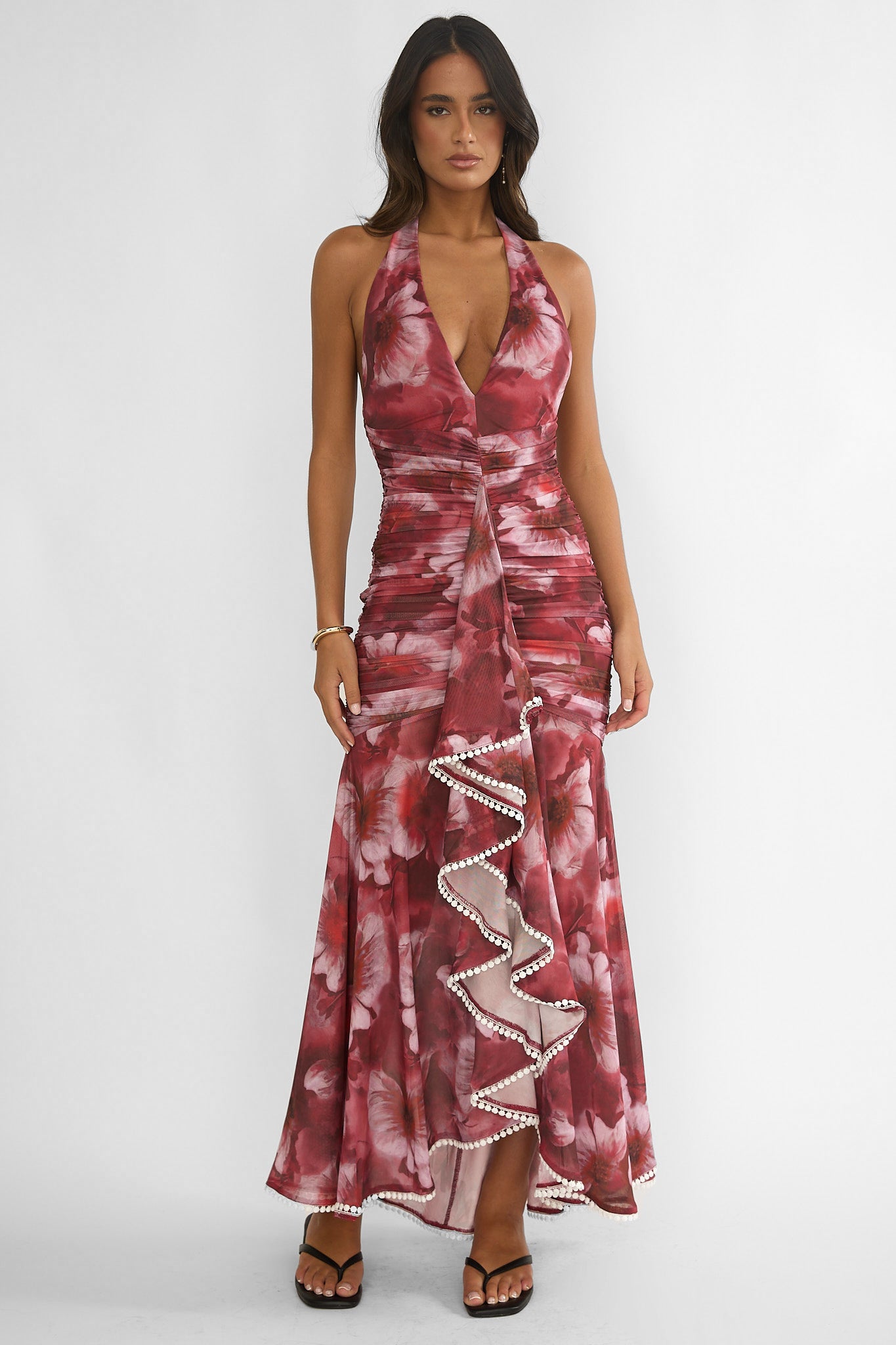 Kamilah Ruched Ruffle Maxi Dress Floral Red-Maymioy
