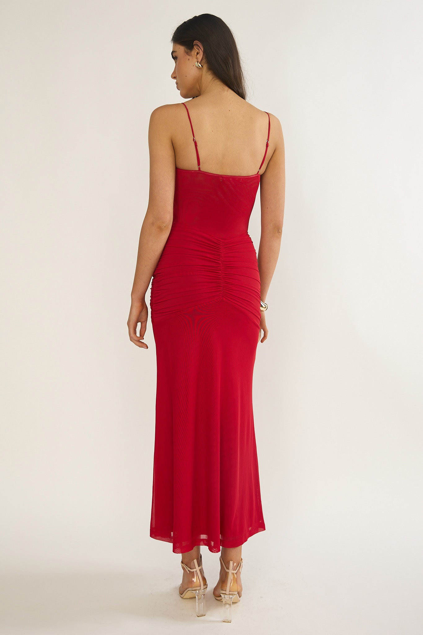 Kamilah Ruched Sheer Waist Maxi Dress Red-Maymioy
