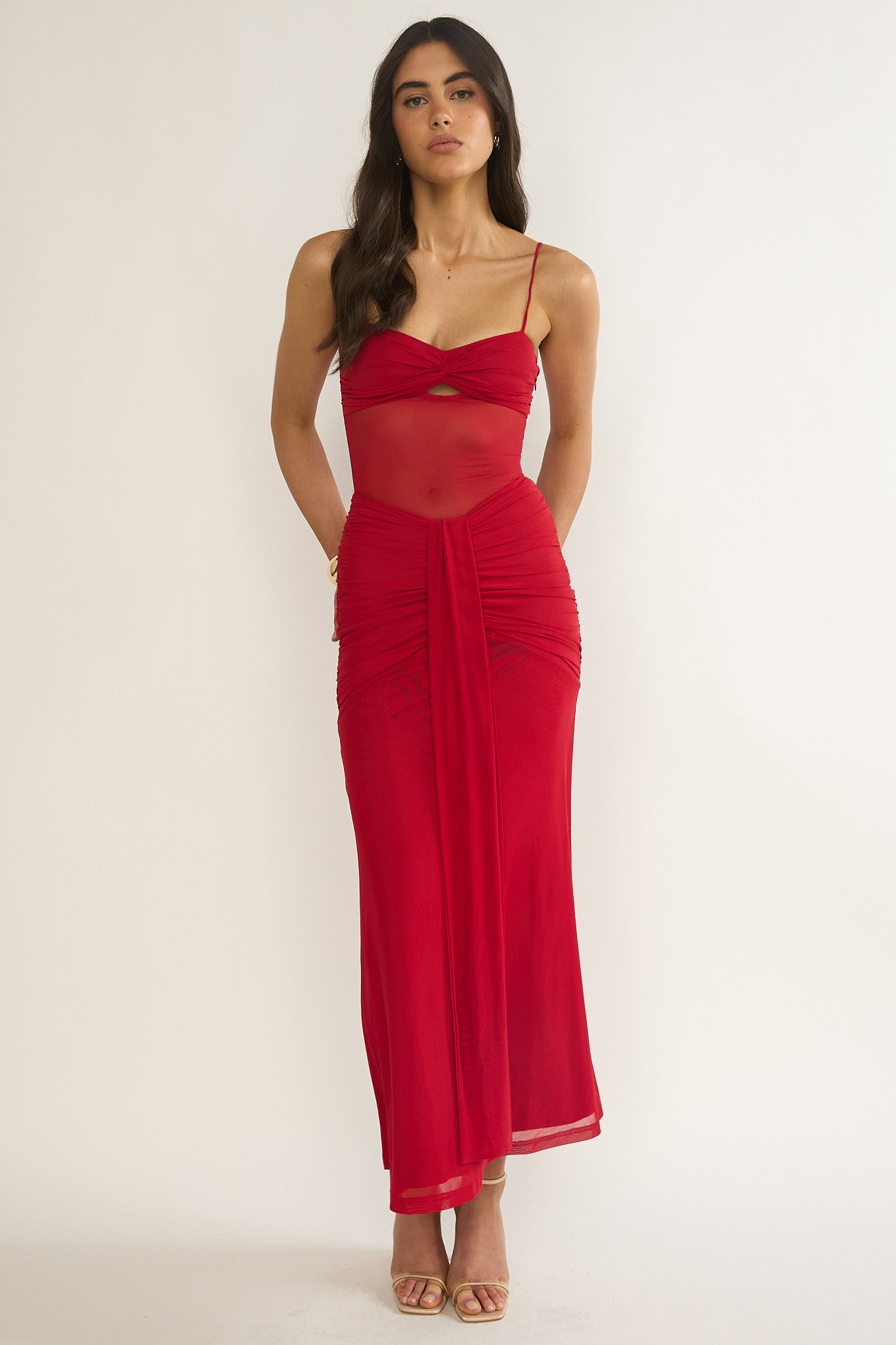 Kamilah Ruched Sheer Waist Maxi Dress Red-Maymioy