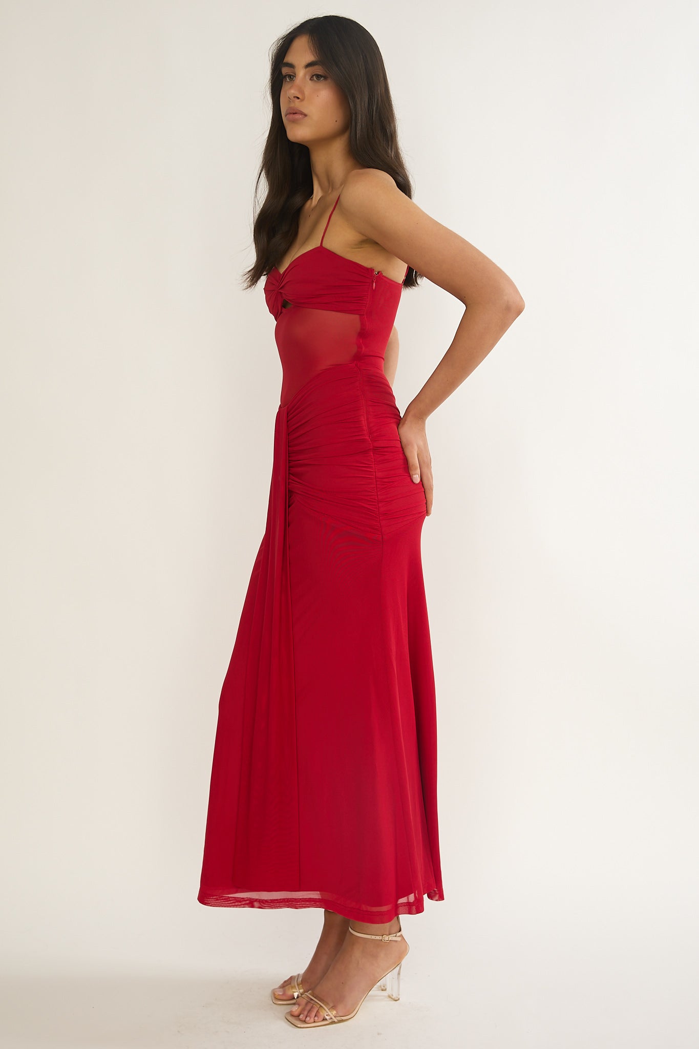 Kamilah Ruched Sheer Waist Maxi Dress Red-Maymioy