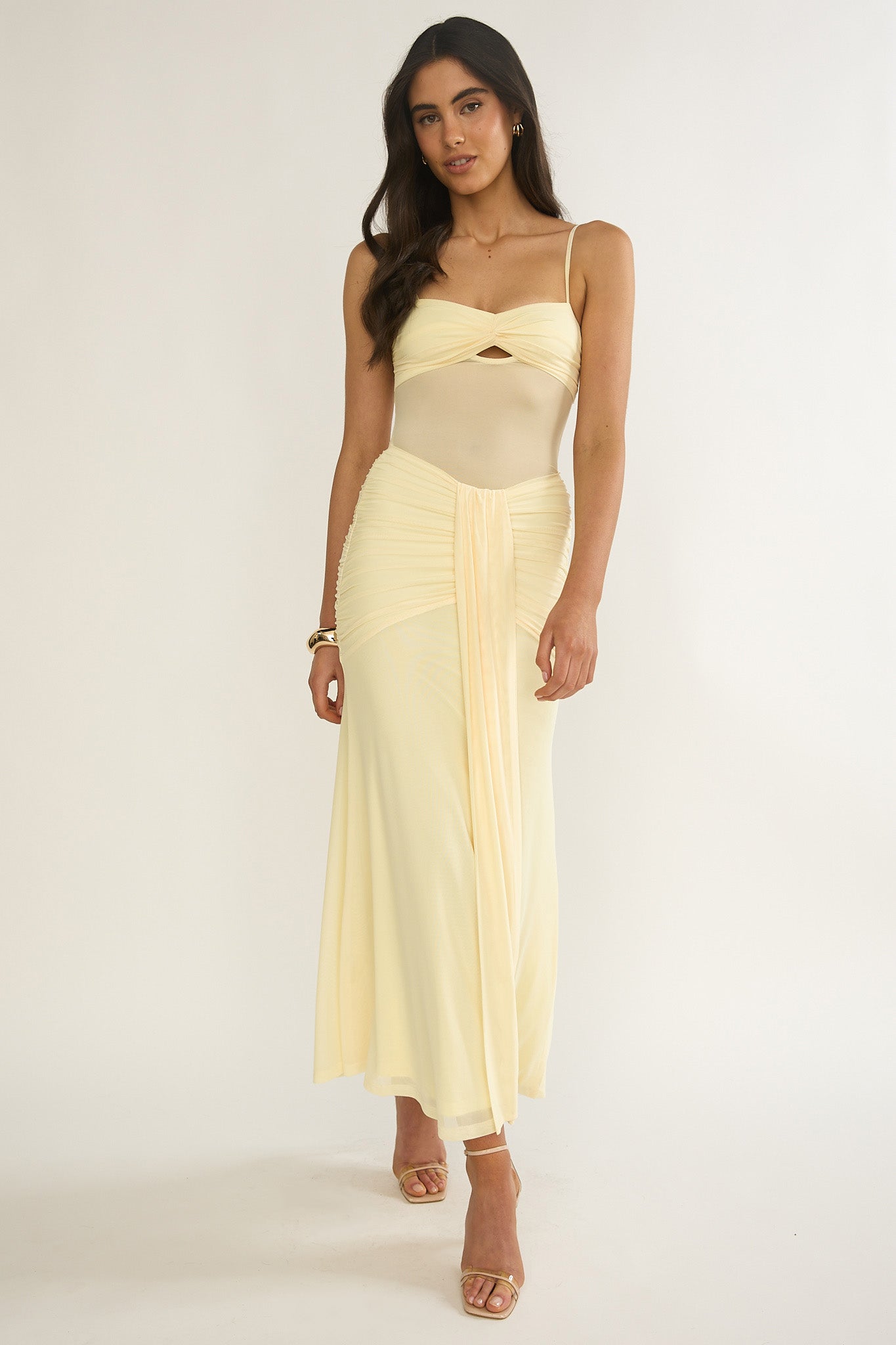 Kamilah Ruched Sheer Waist Maxi Dress Yellow-Maymioy